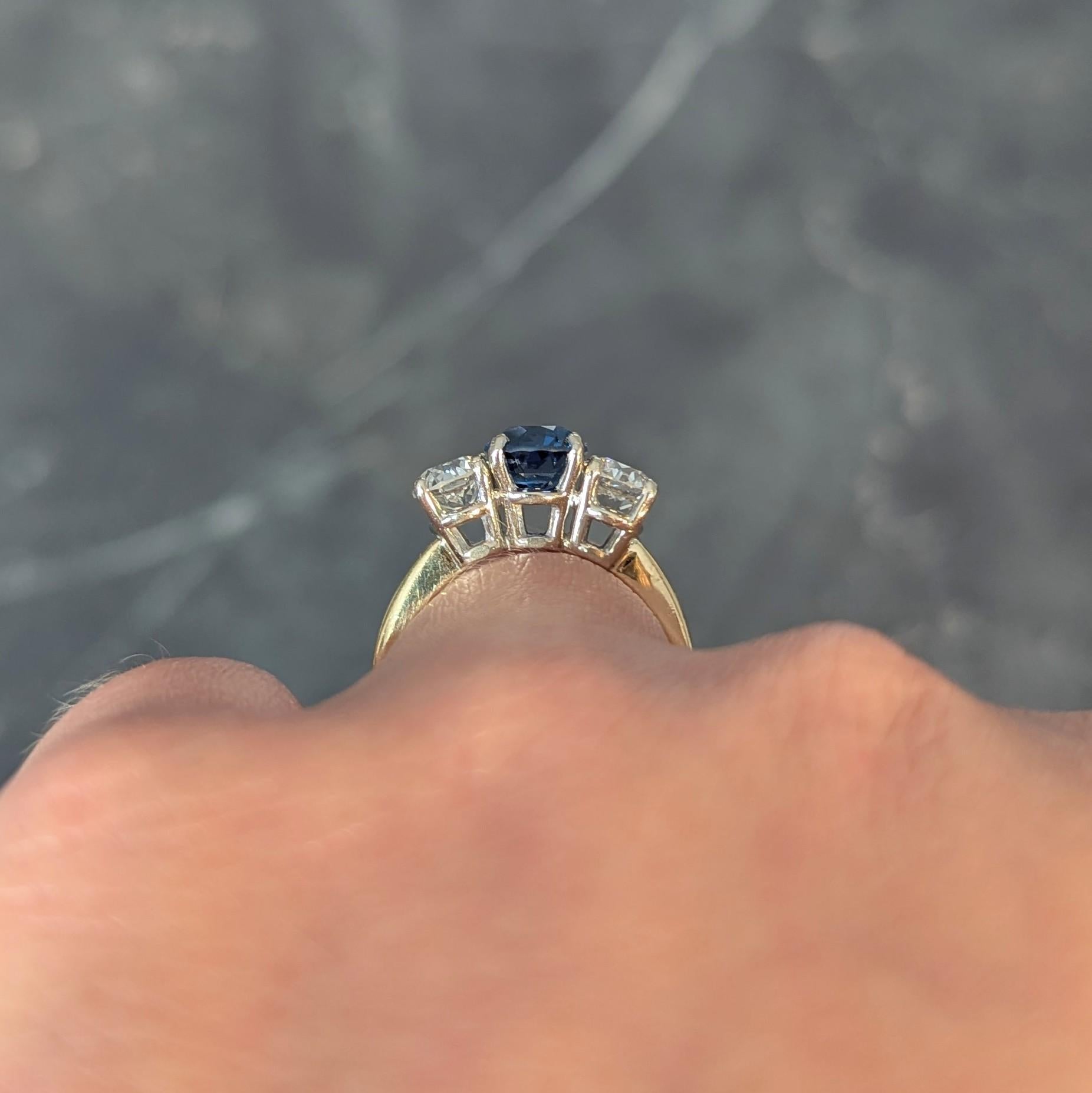 1990's 2.59 CTW No Heat Yogo Sapphire Diamond 14 Karat Gold Three Stone Ring GIA