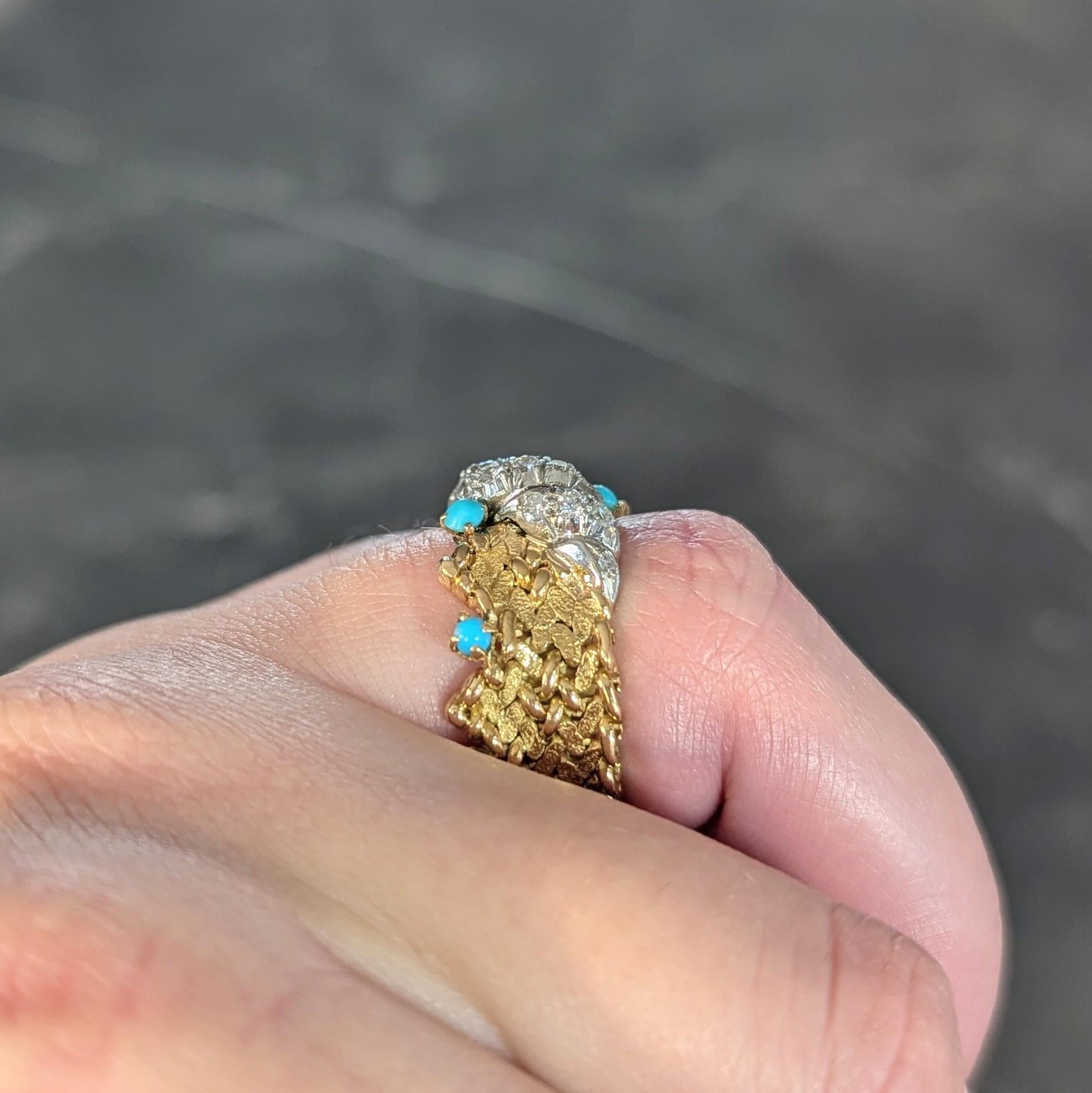 1960's Diamond Turquoise 18K Gold Platinum Vintage Woven Band Ring