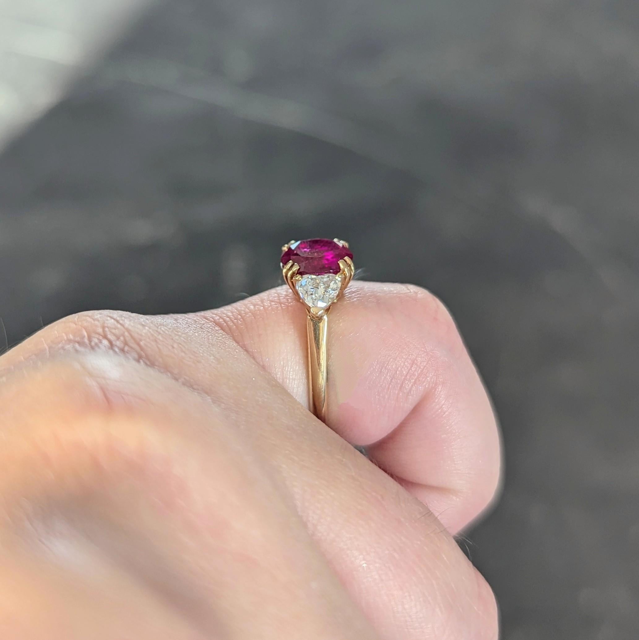 French No Heat Burma Ruby Heart Diamond 18 Karat Yellow Gold Vintage Ring