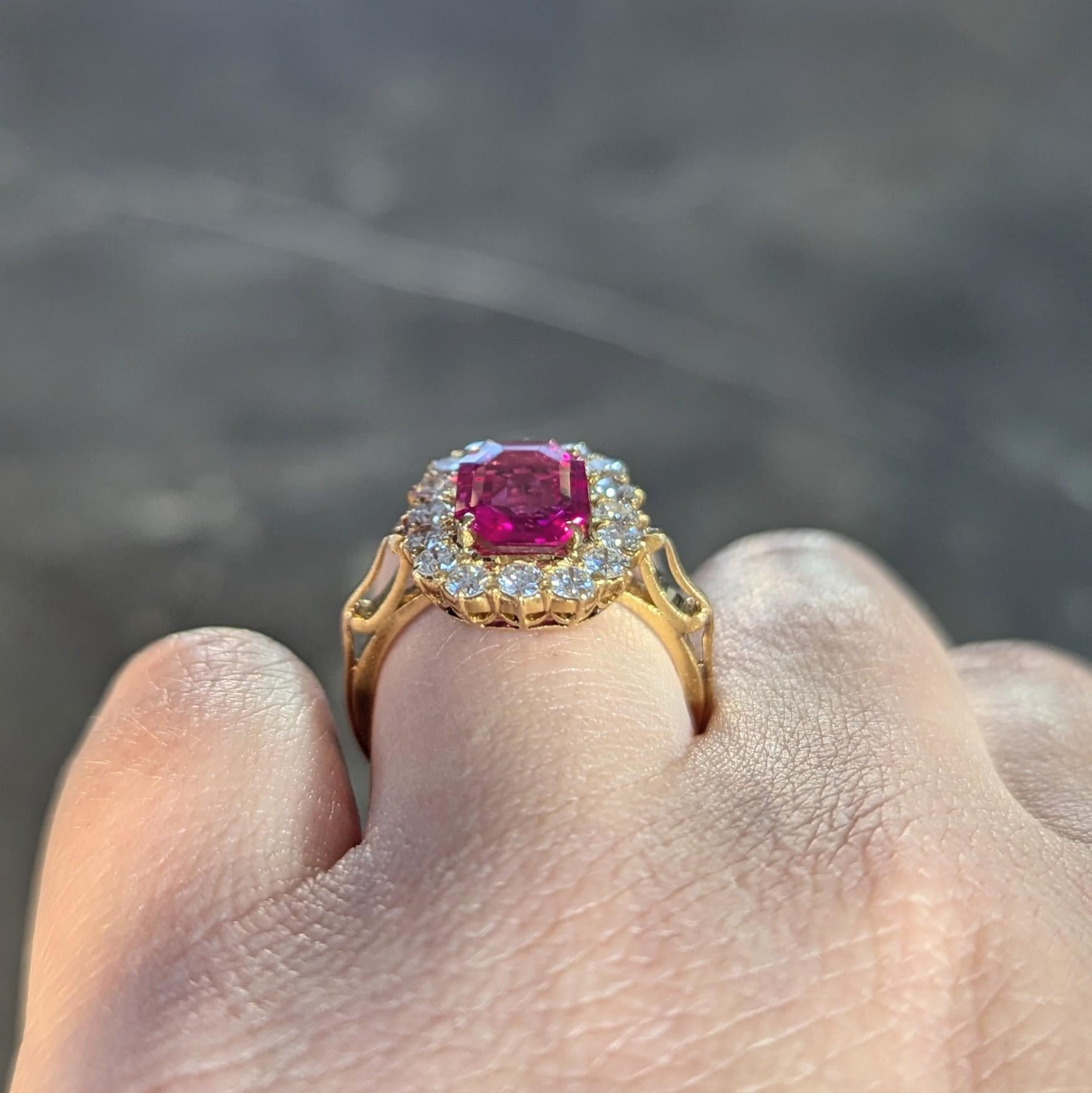 1960's 3.27 CTW No Heat Burma Ruby Diamond 18K Yellow Gold Vintage Halo Ring GIA