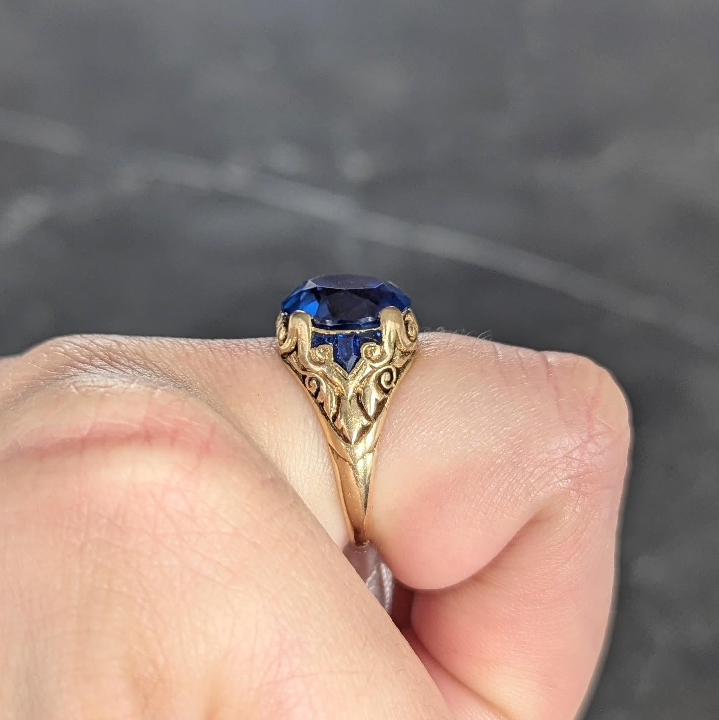 1925 Art Deco 6.57 CTW No Heat Burma Sapphire 14K Gold Antique Scroll Ring AGL