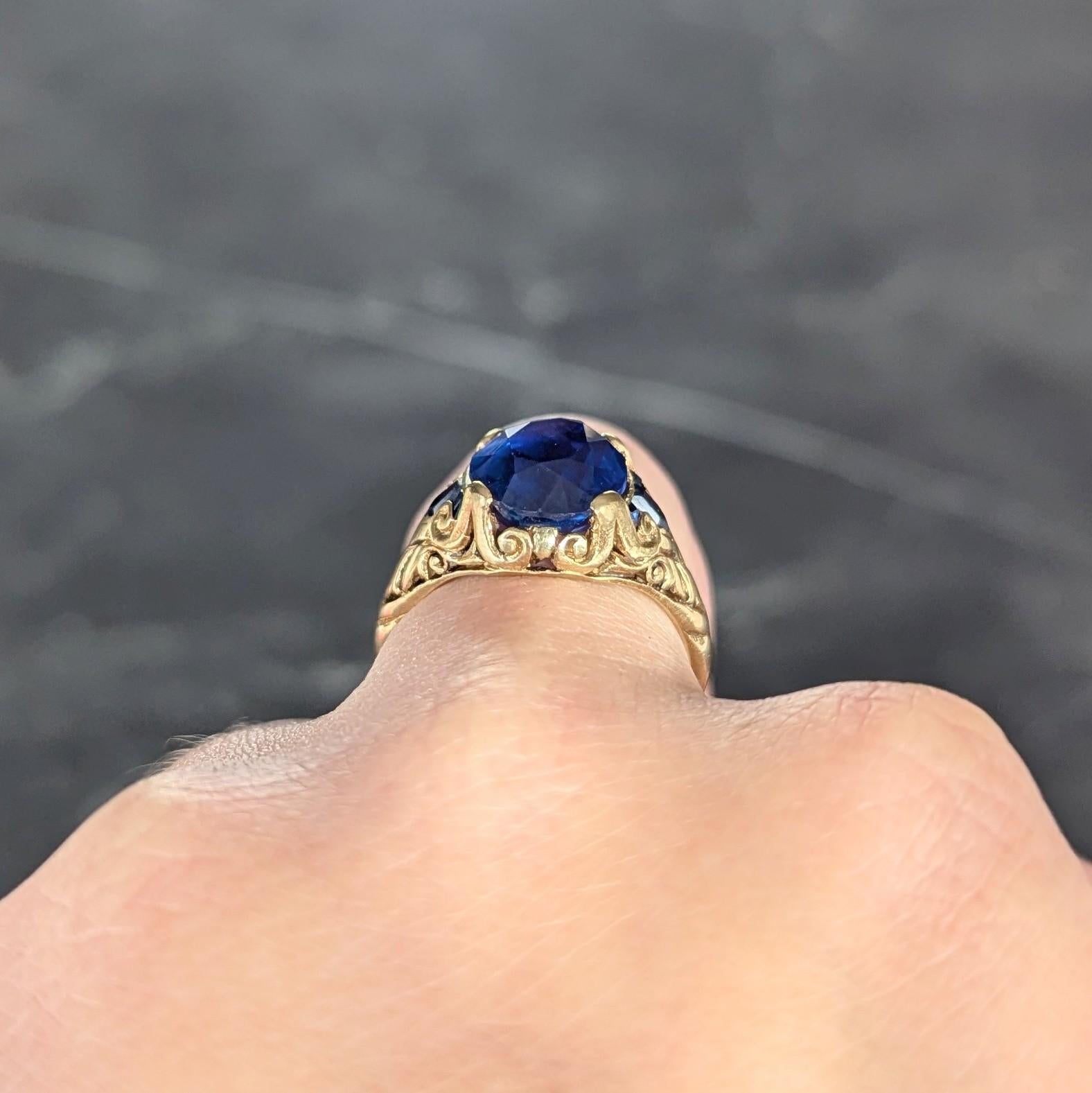 1925 Art Deco 6.57 CTW No Heat Burma Sapphire 14K Gold Antique Scroll Ring AGL