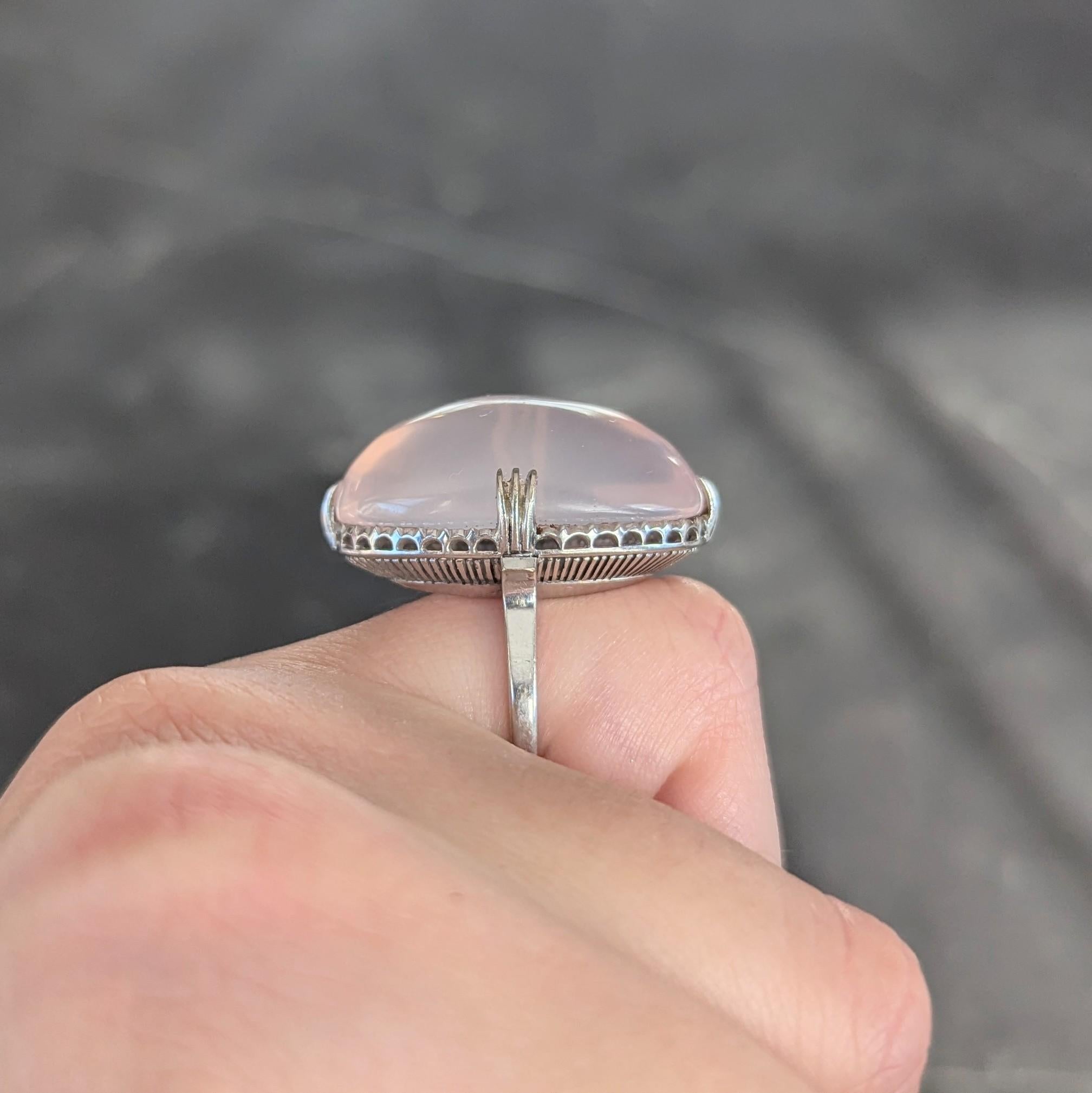 Mid-Century Rose Quartz Cabochon 14 Karat White Gold Vintage Cocktail Ring