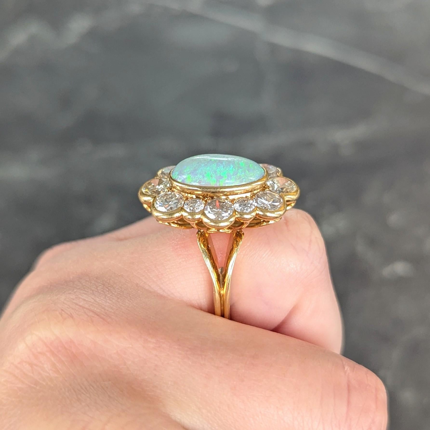 1970's 4.50 CTW Opal Diamond 18 Karat Yellow Gold Vintage Cluster Ring