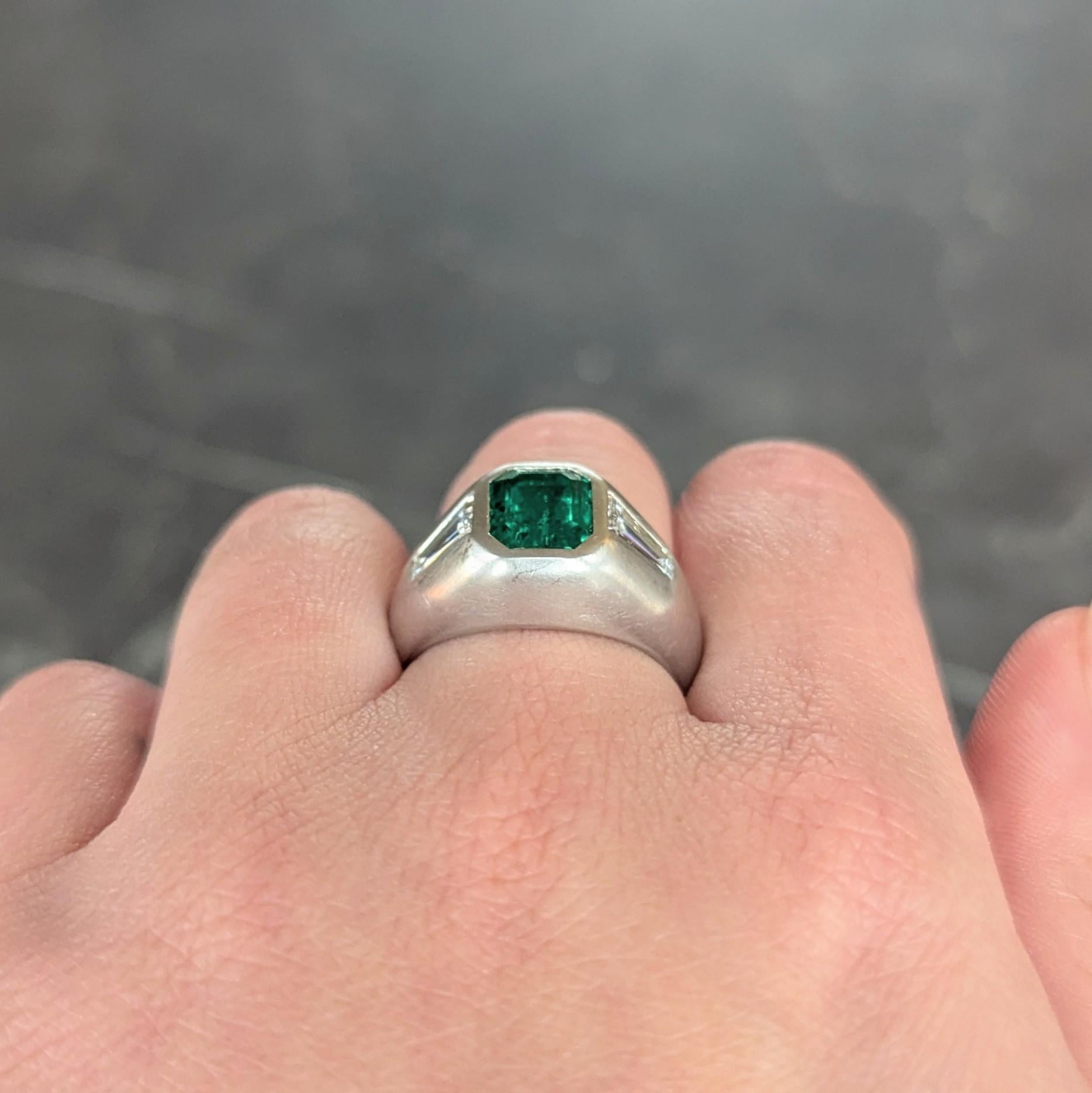 1960's 3.70 CTW Colombian Emerald Diamond Platinum Vintage Three Stone Ring AGL