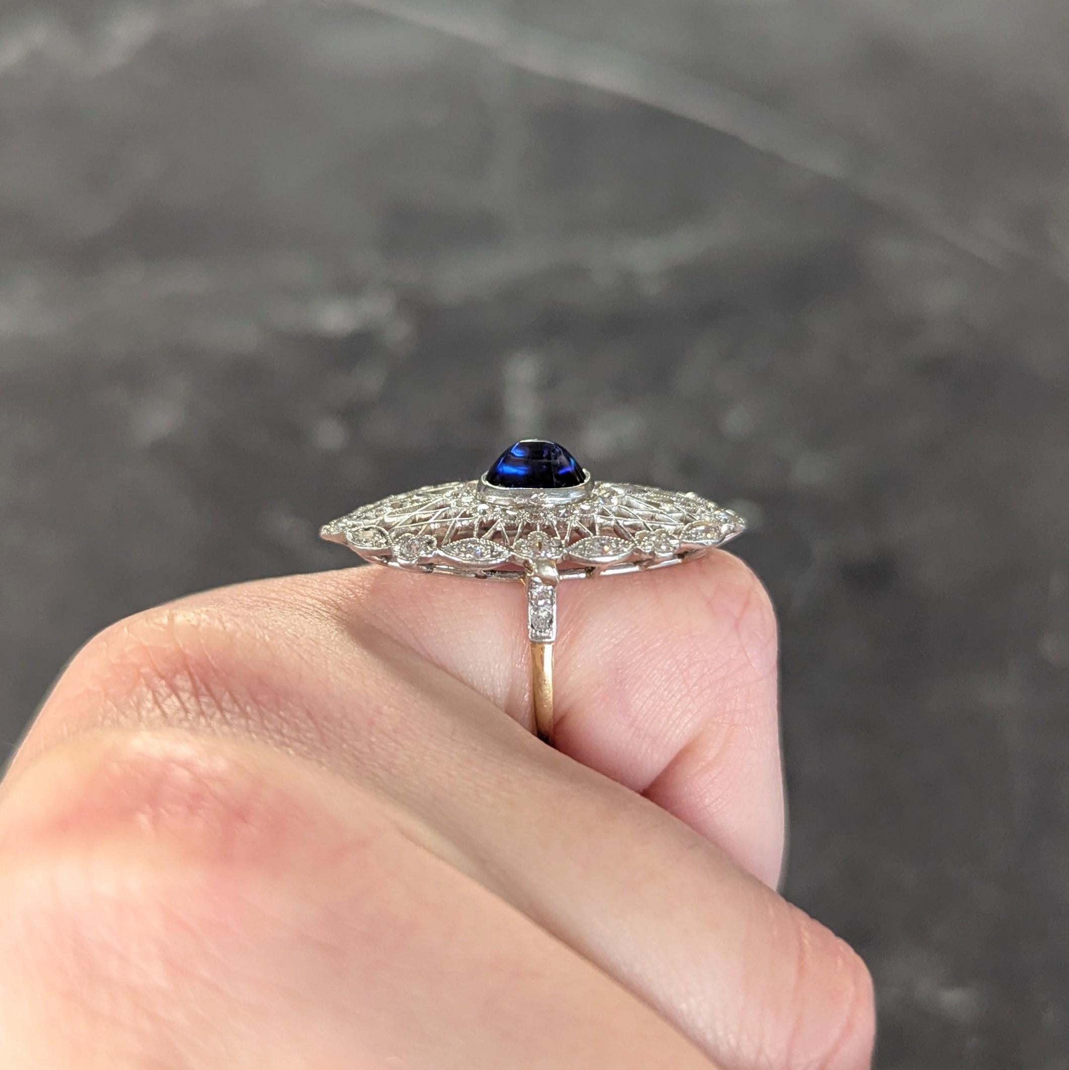 Edwardian 3.78 CTW Sapphire Diamond Platinum 18K Vintage Navette Dinner Ring