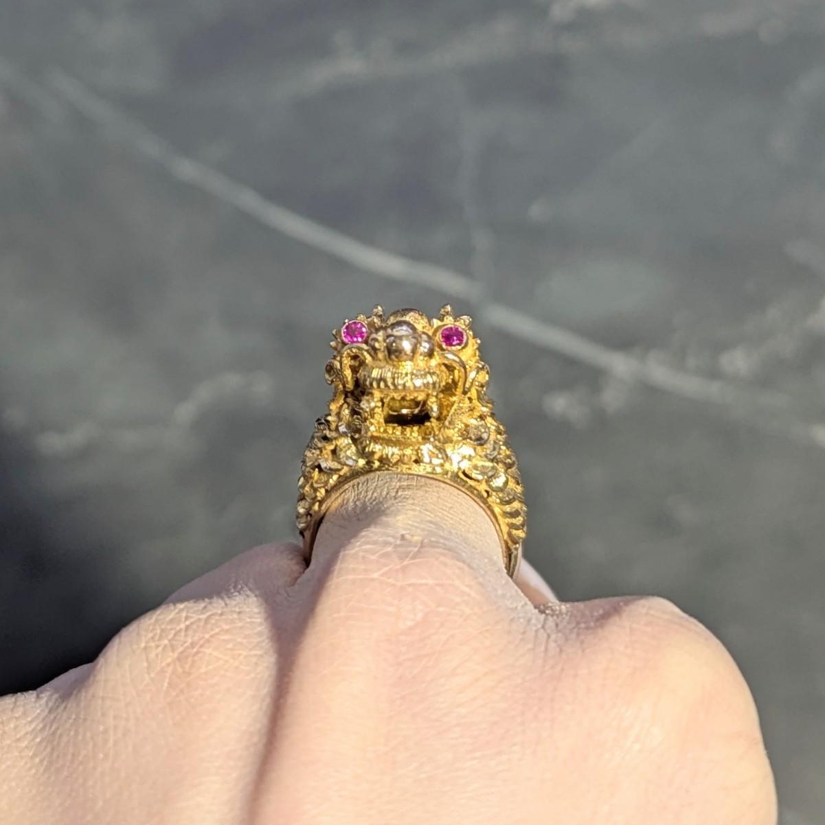 Contemporary Ruby 14 Karat Yellow Gold Dragon Statement Ring