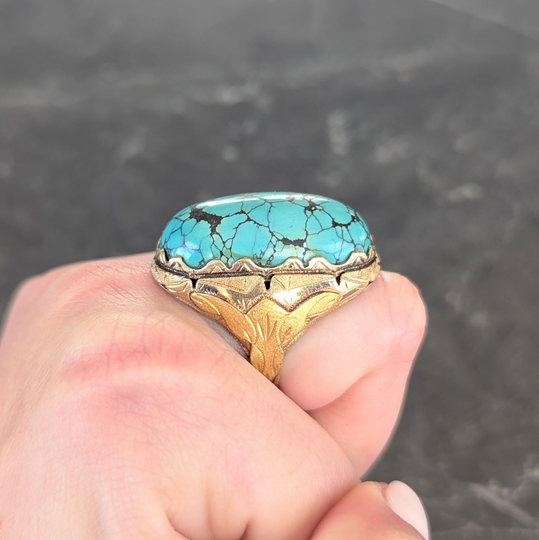 Retro Turquoise Cabochon 14 Karat Yellow Gold Vintage Statement Ring