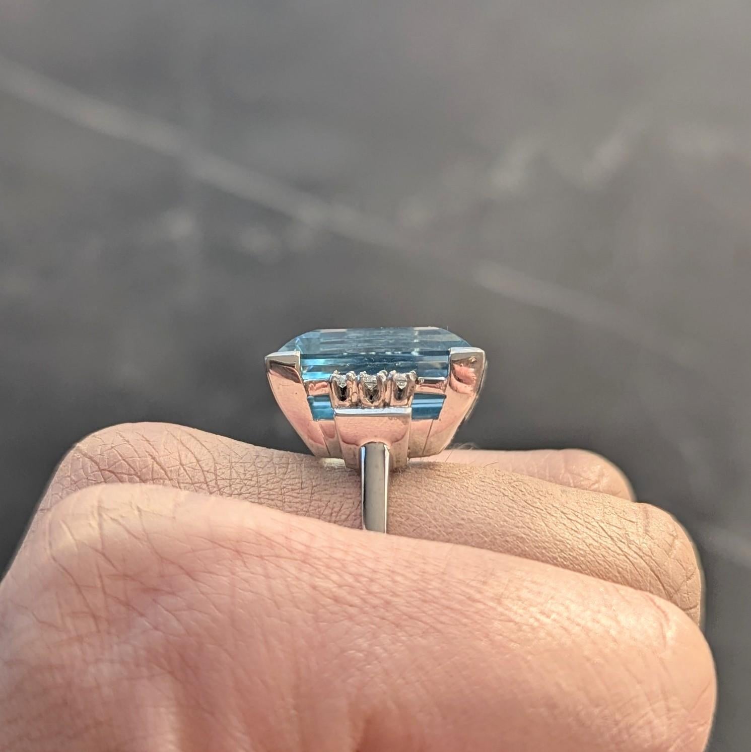 Mid-Century 19.50 CTW Aquamarine Diamond 18K White Gold Vintage Cocktail Ring