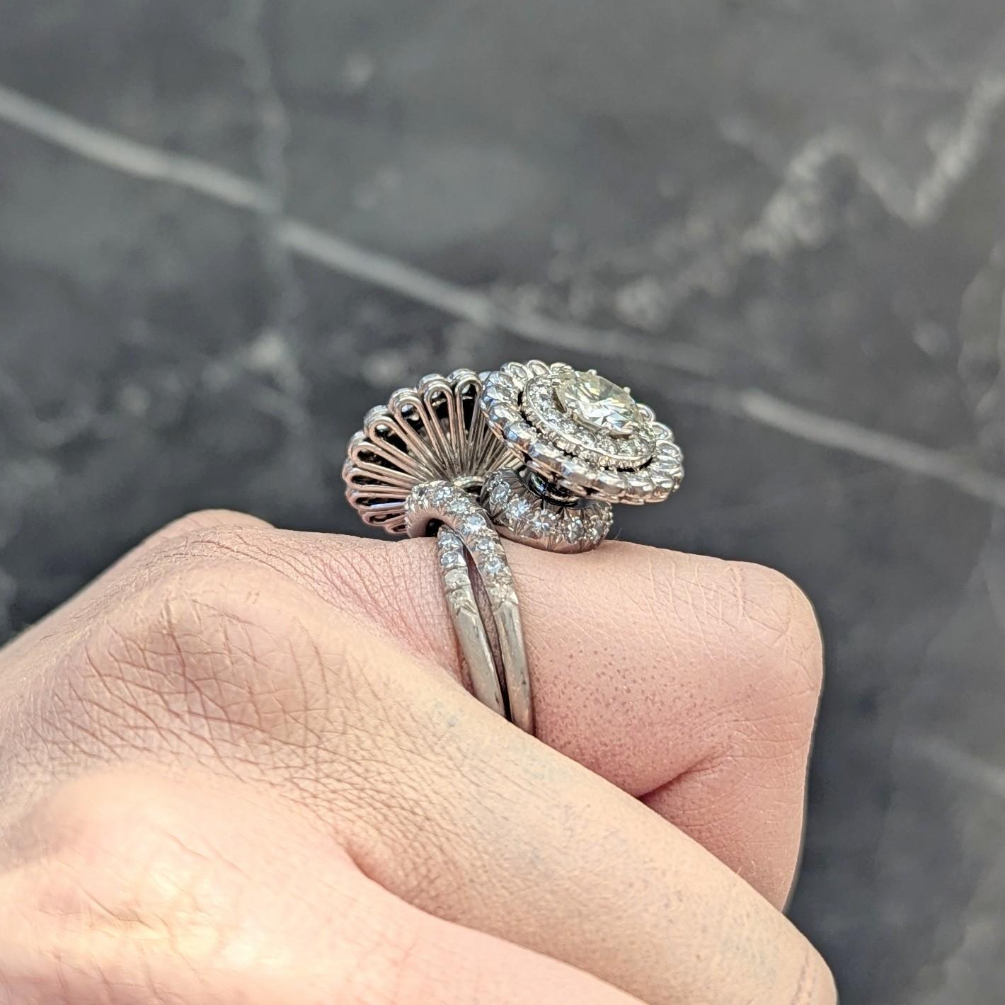 Mid-Century French 5.85 CTW Diamond Platinum Vintage Halo Bypass Floral Ring