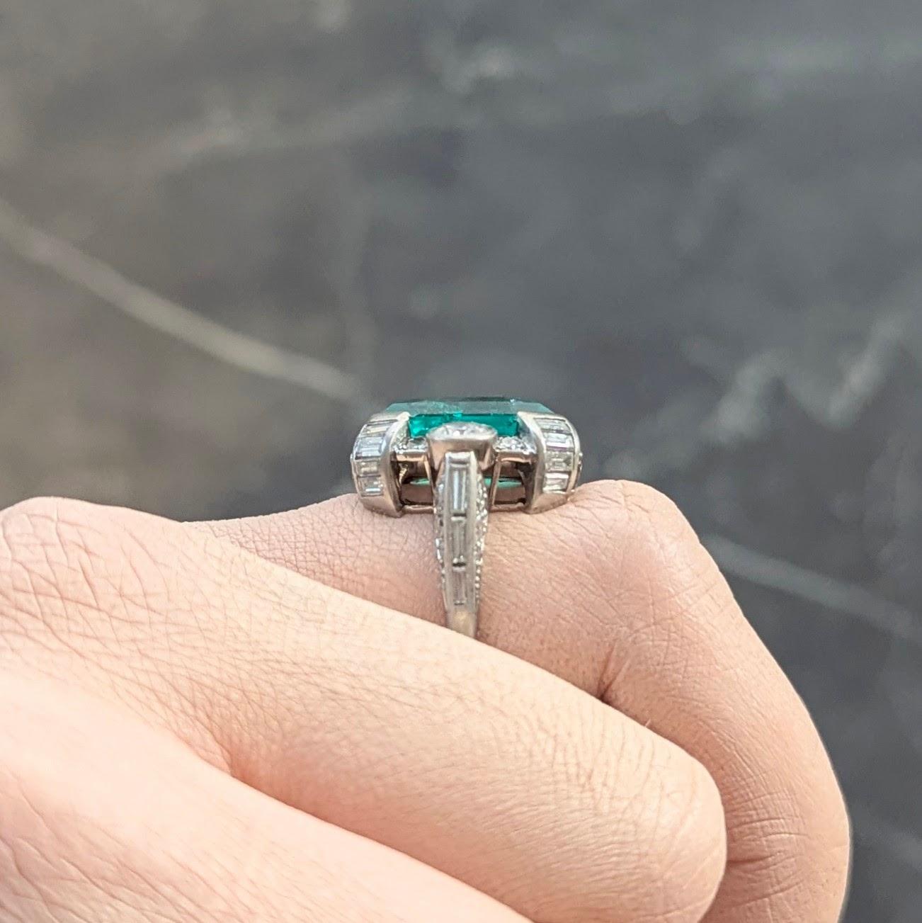 Mid-Century 9.90 CTW Colombian Emerald Diamond Platinum Vintage Ring AGL