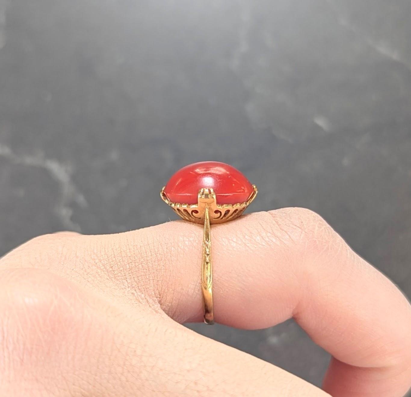 Victorian Coral Cabochon 18 Karat Yellow Gold Antique Scrolling Gemstone Ring