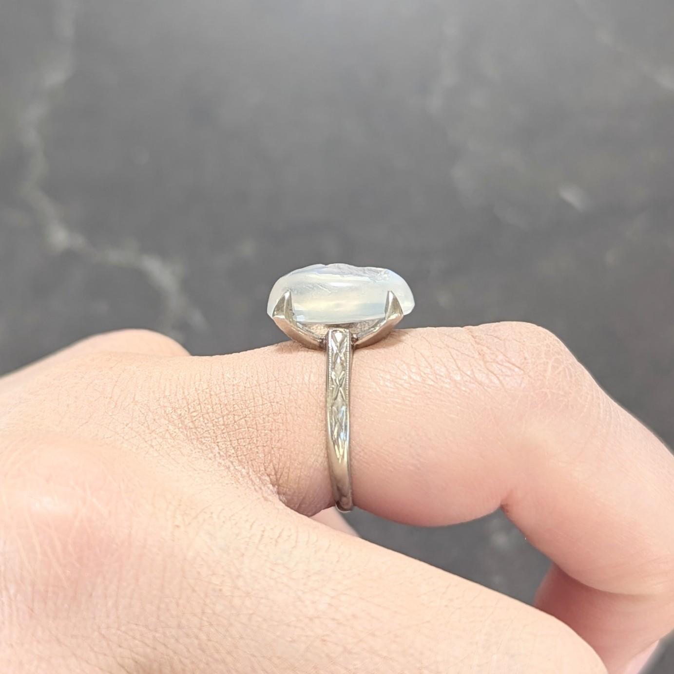 Retro 1943 Carved Moonstone 14 Karat White Gold Vintage Intaglio Ring