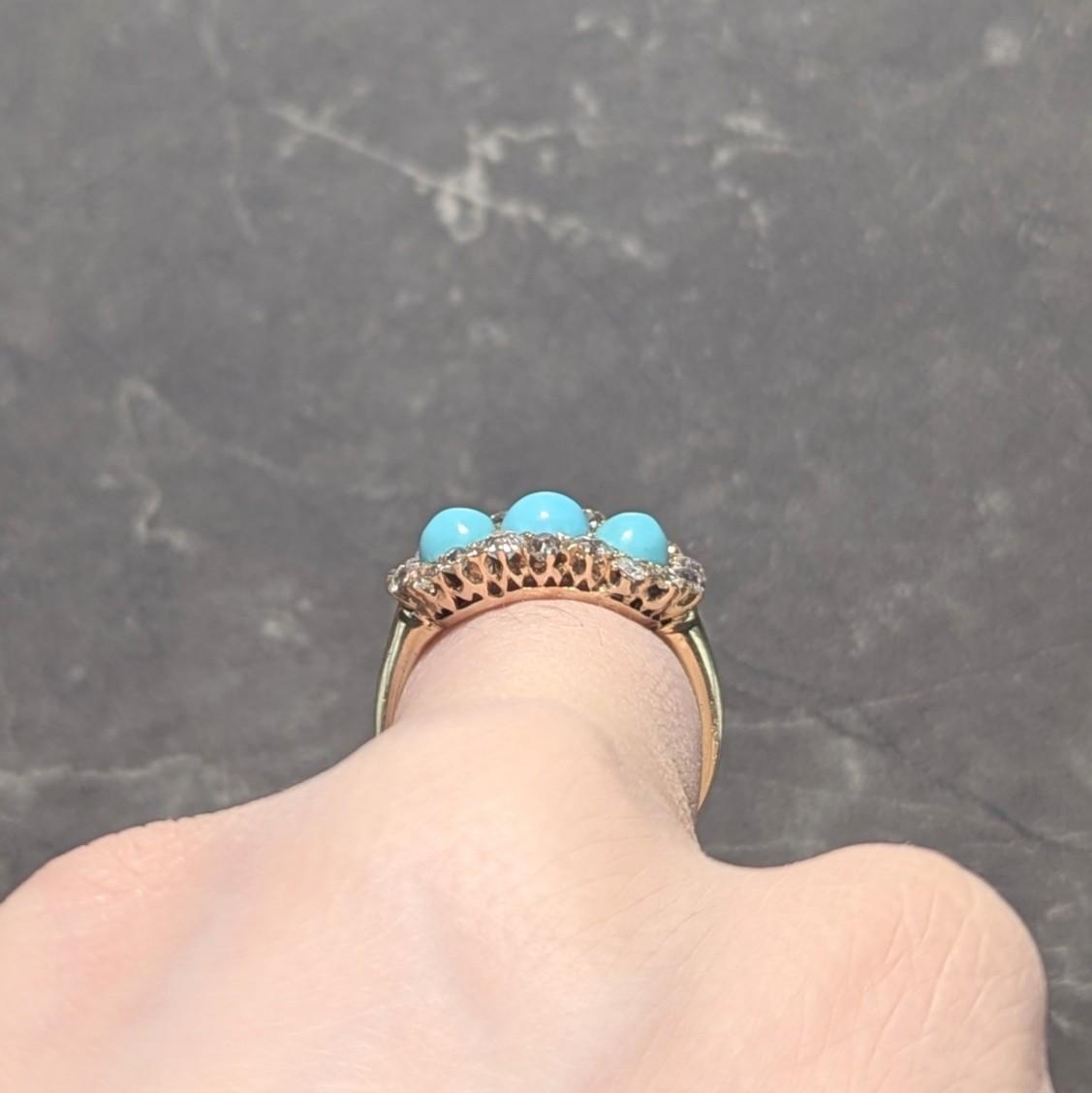 Victorian Diamond Turquoise Cabochon 14K Yellow Gold Antique Cluster Band Ring