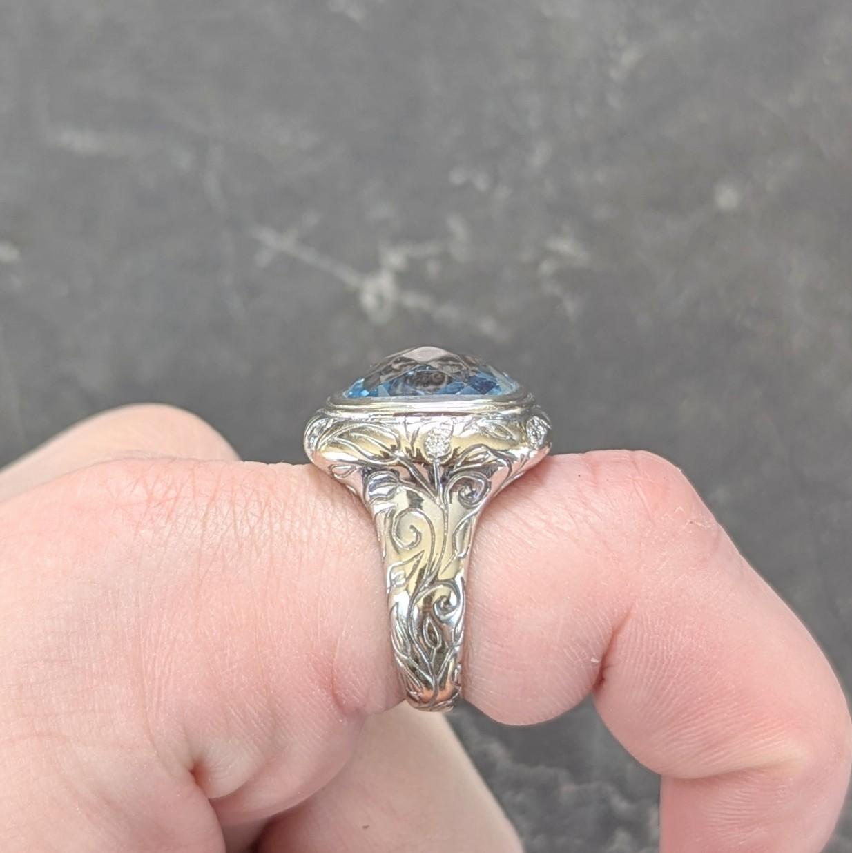 SeidenGang 2000's 11.40 CTW Aquamarine Diamond 14 Karat White Gold Foliate Ring