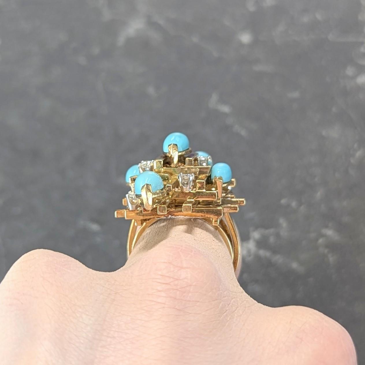 Henry Dunay Modernist Diamond Turquoise Platinum 18K Gold Cocktail Ring