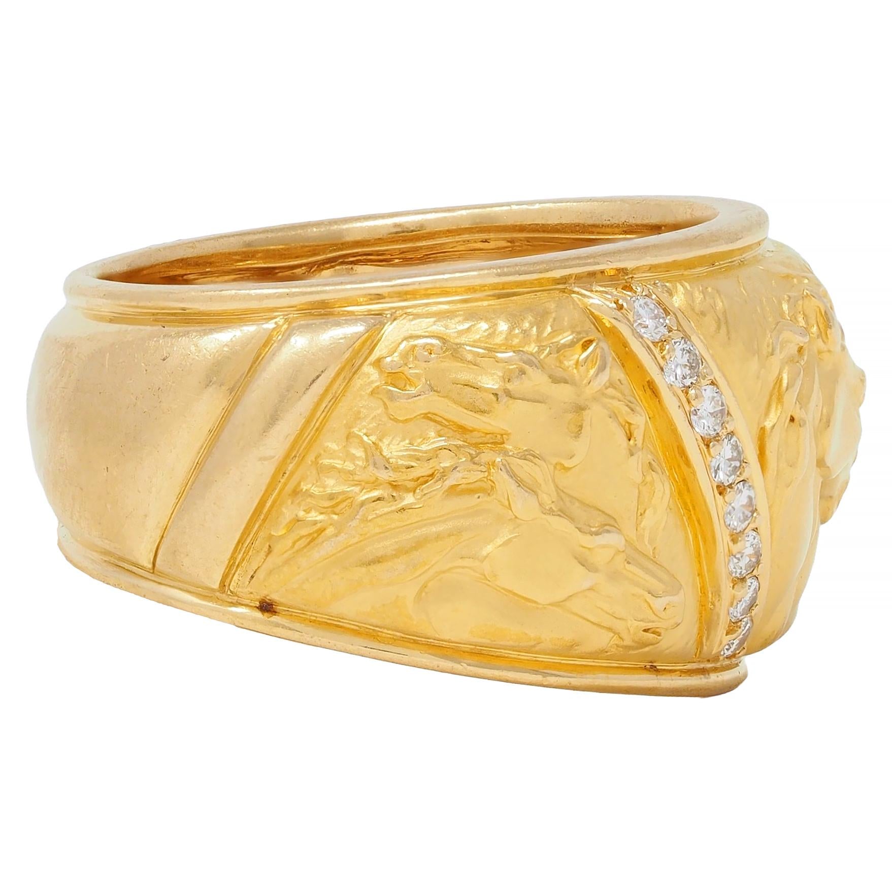 Carrera y Carrera 1990's Diamond 18K Gold Repoussé Horse Vintage Band Ring