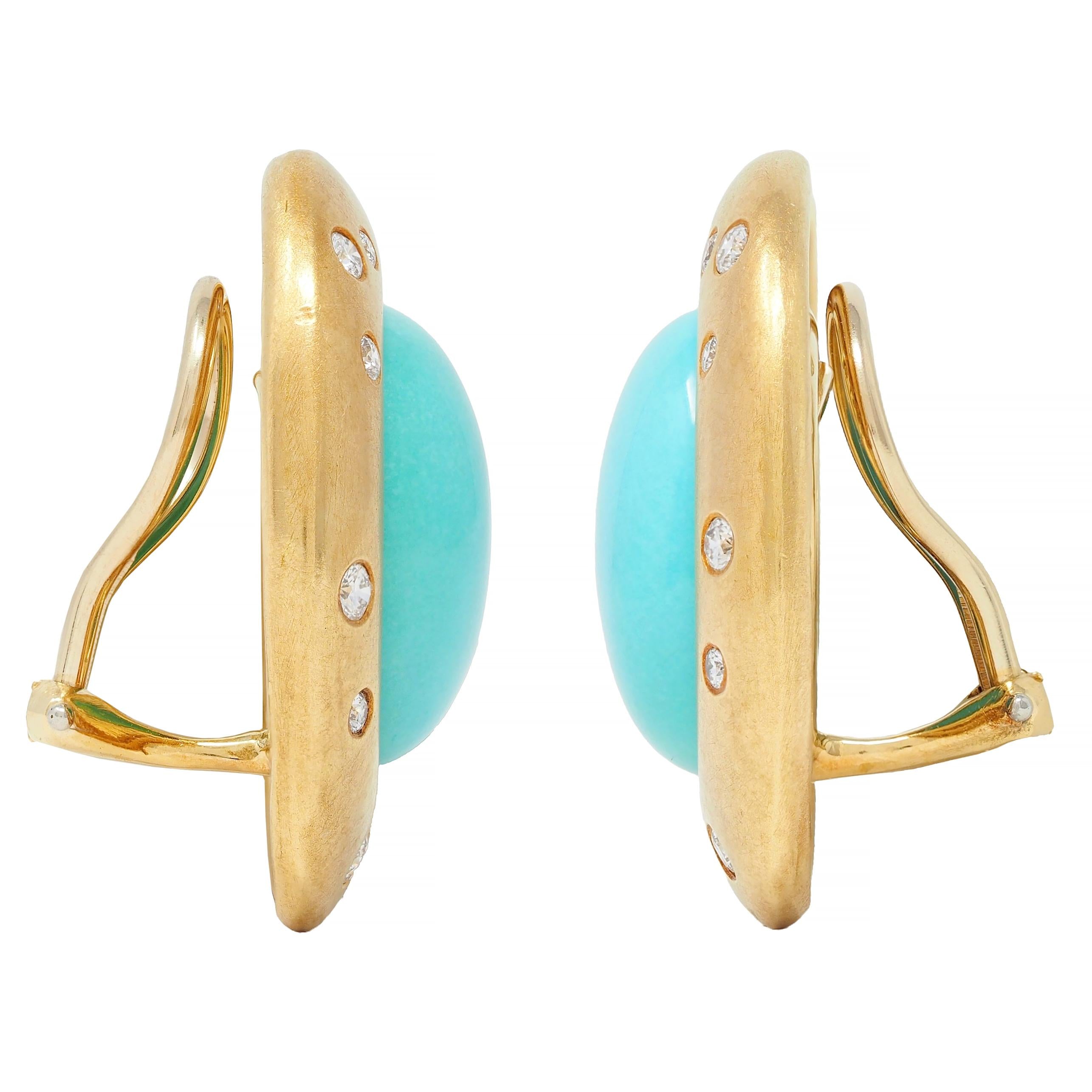 Tiffany & Co. Diamond Turquoise 18 Karat Yellow Gold Cabochon Vintage Earrings