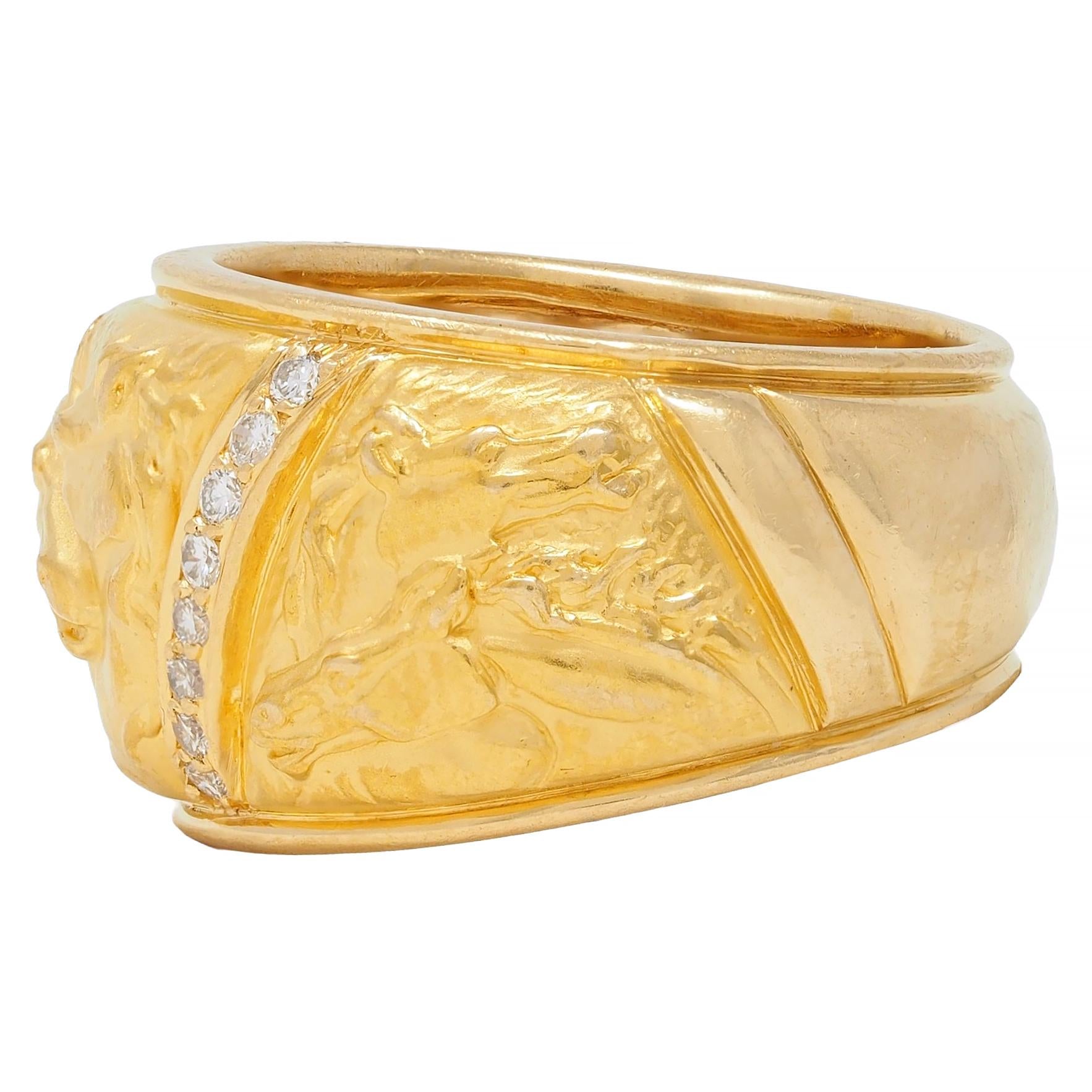 Carrera y Carrera 1990's Diamond 18K Gold Repoussé Horse Vintage Band Ring