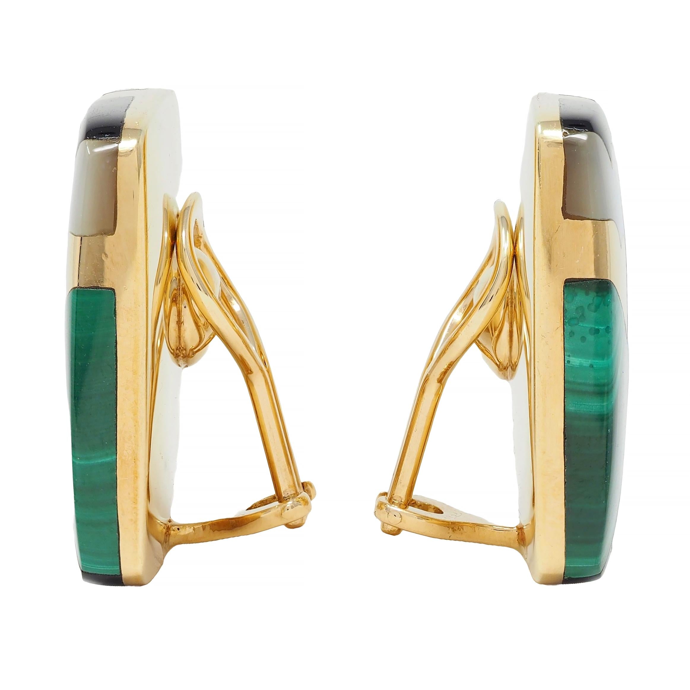 Asch Grossbardt 1980s Multi-Gem 14 Karat Yellow Gold Cushion Inlay Earrings