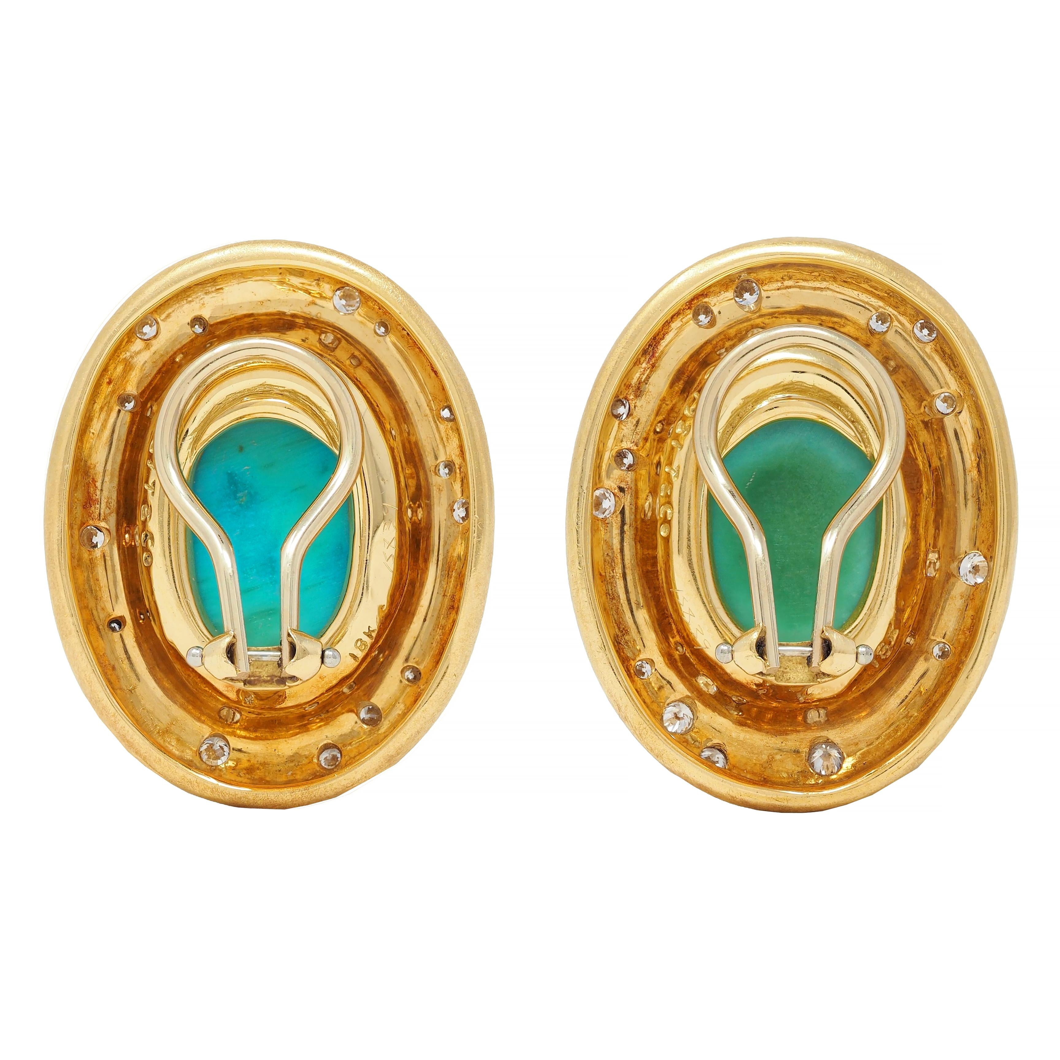 Tiffany & Co. Diamond Turquoise 18 Karat Yellow Gold Cabochon Vintage Earrings