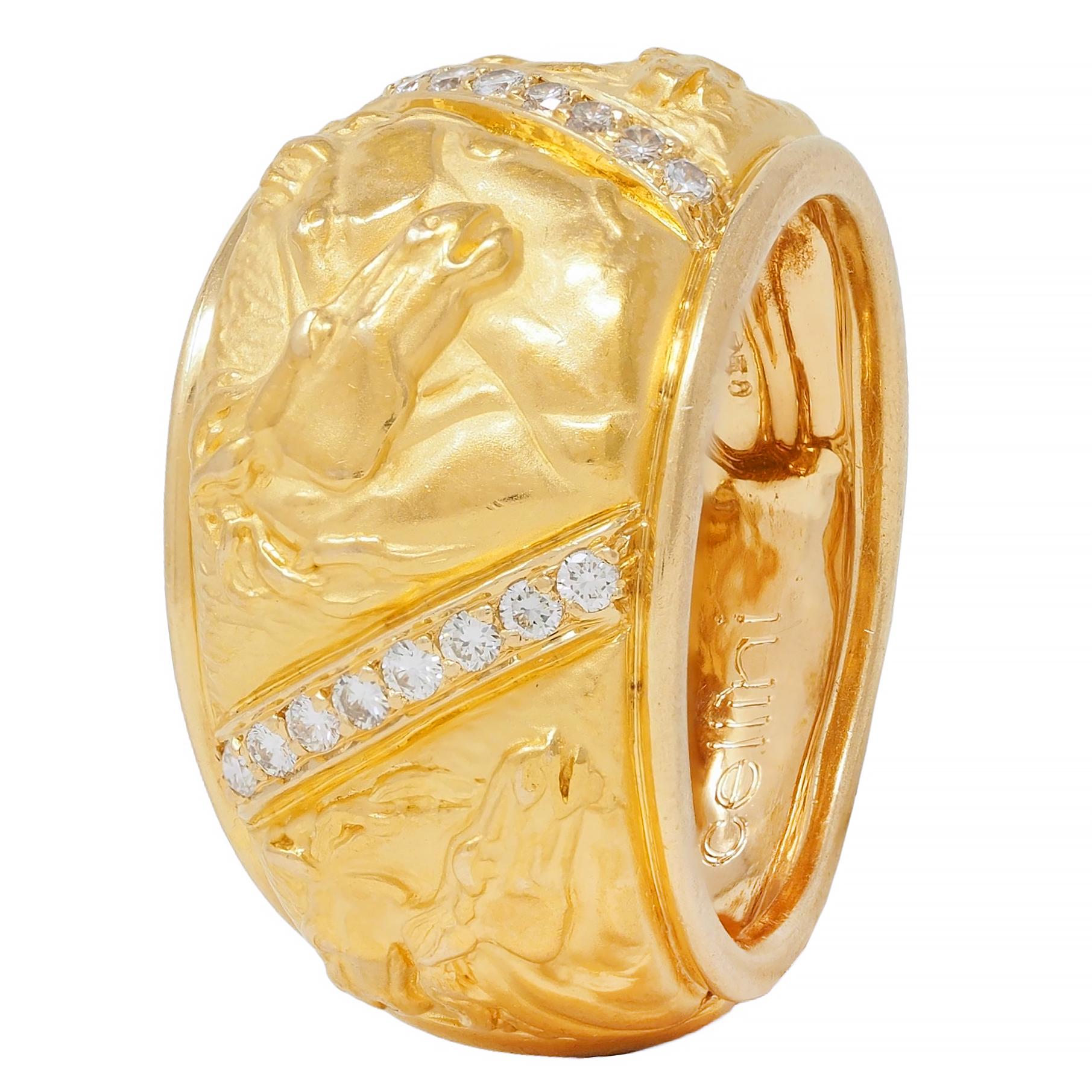 Carrera y Carrera 1990's Diamond 18K Gold Repoussé Horse Vintage Band Ring