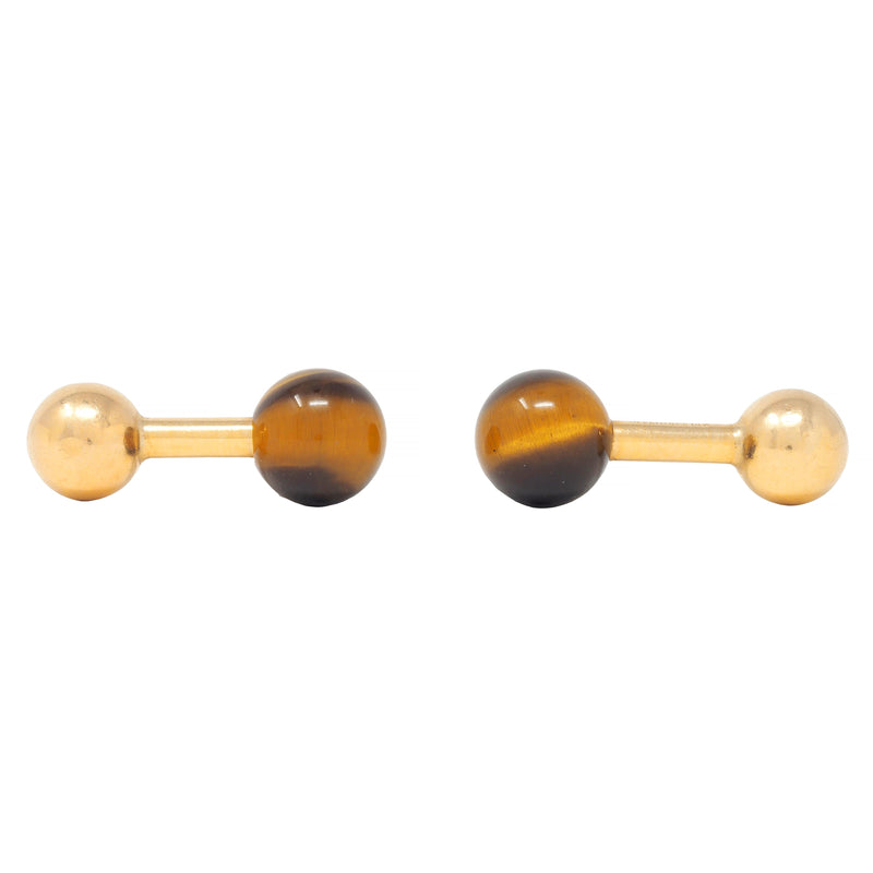 Tiffany & Co. 1960's Tiger's Eye 14 Karat Yellow Gold Vintage Barbell Cufflinks