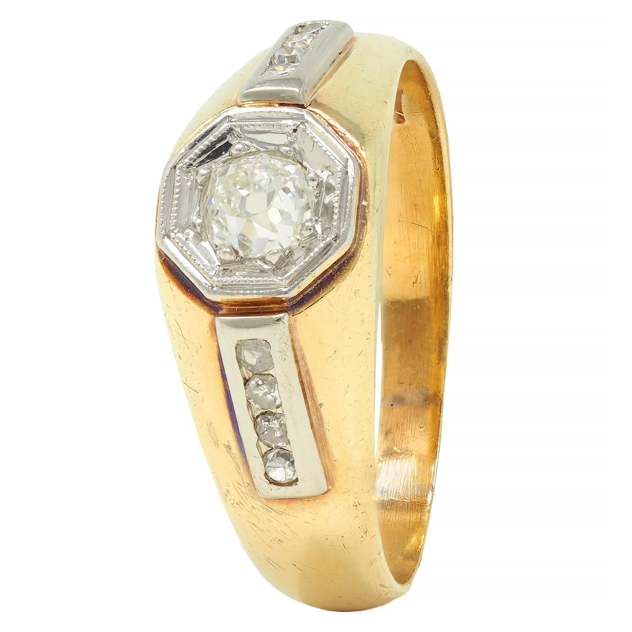 Art Deco Old Mine Cut Diamond Platinum 18K Yellow Gold Antique Engagement Ring