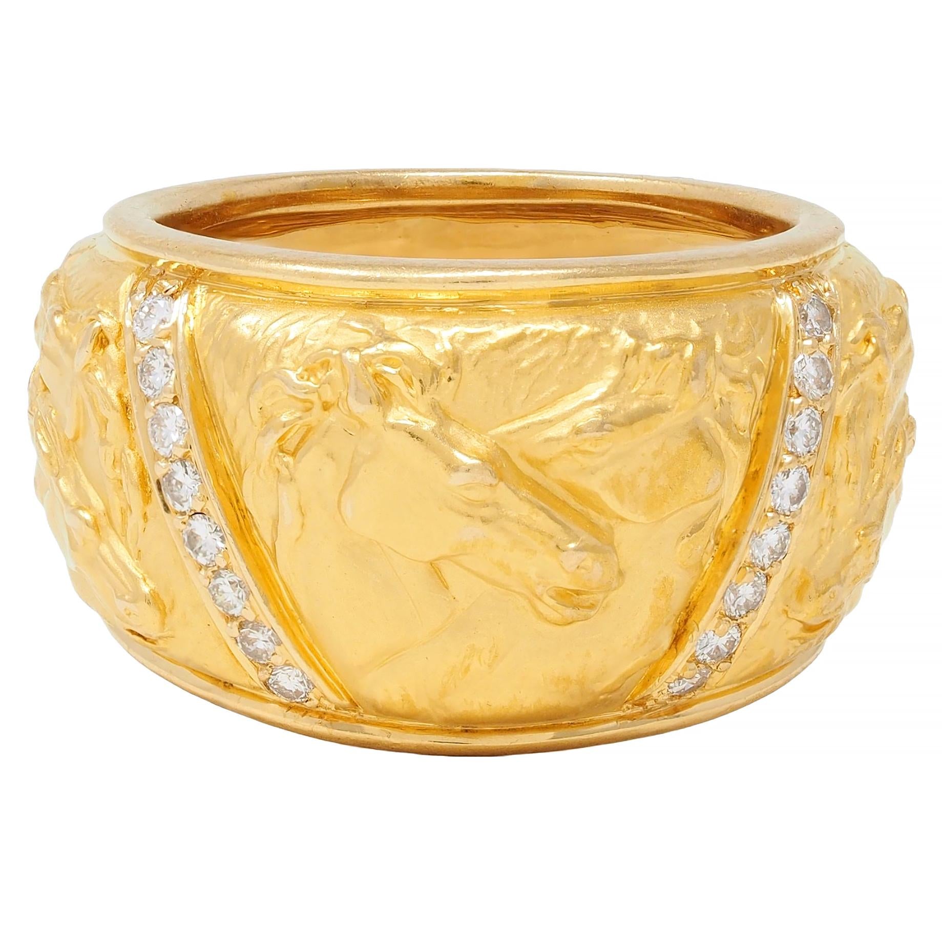 Carrera y Carrera 1990's Diamond 18K Gold Repoussé Horse Vintage Band Ring