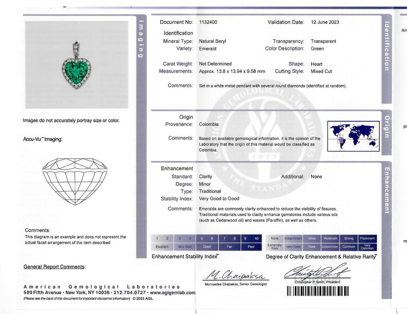 Exceptional 14.64 CTW Heart Cut Colombian Emerald Diamond Platinum