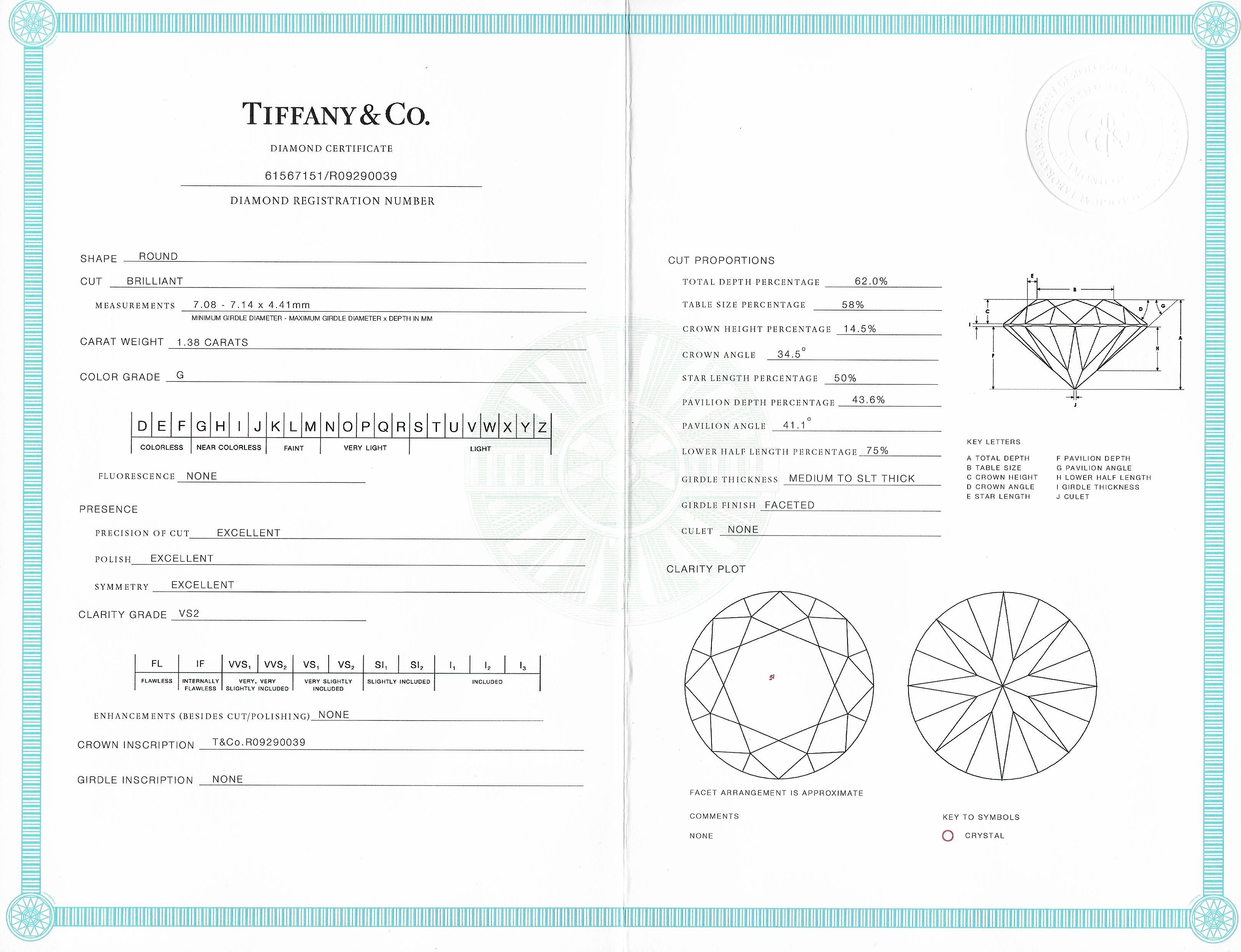 Tiffany & Co 1.38 CTW Round Brilliant Diamond Platinum Solitaire Engagement Ring