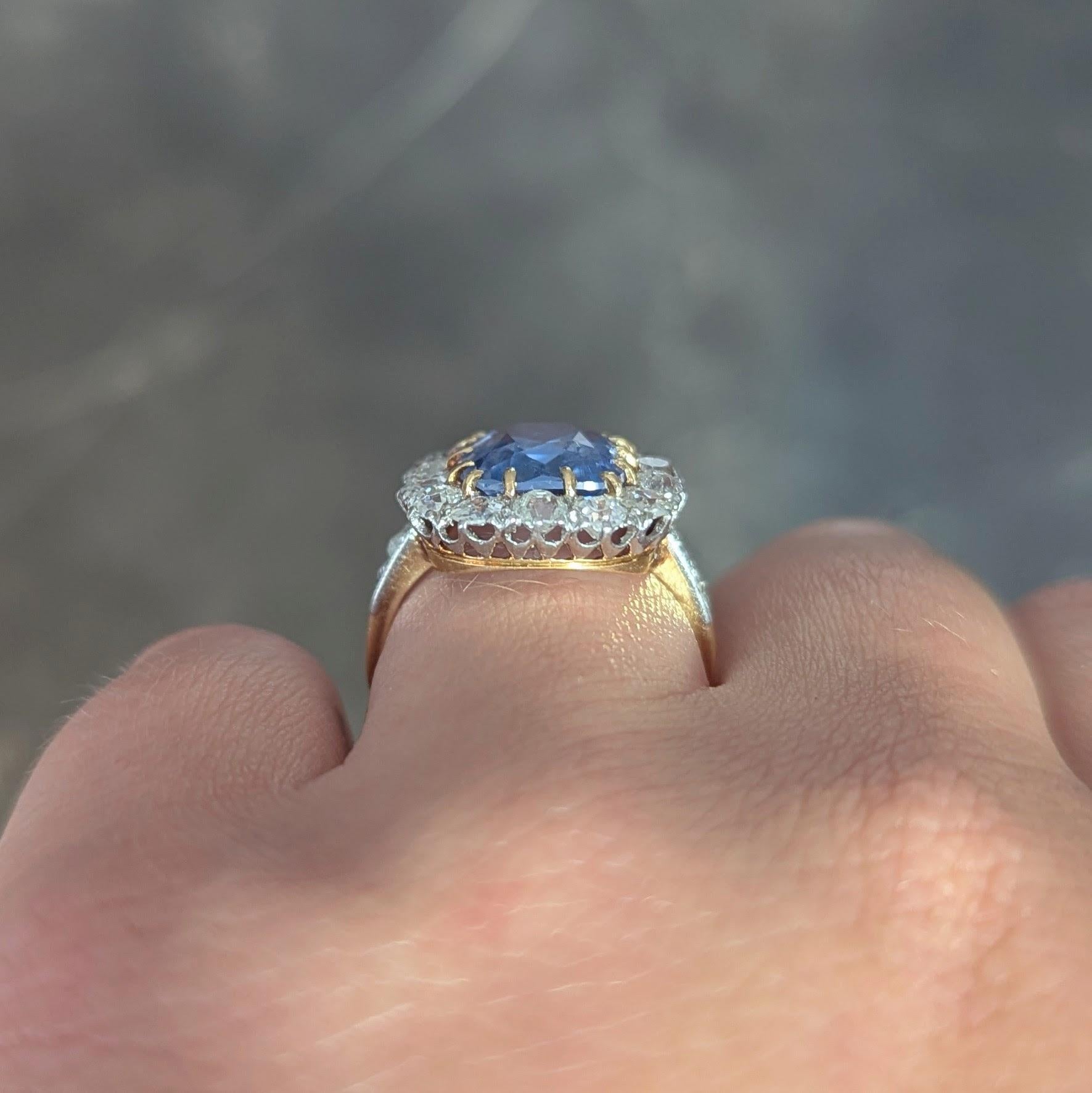 Edwardian 5.29 CTW No Heat Ceylon Sapphire Diamond Platinum 18K Gold Halo Ring