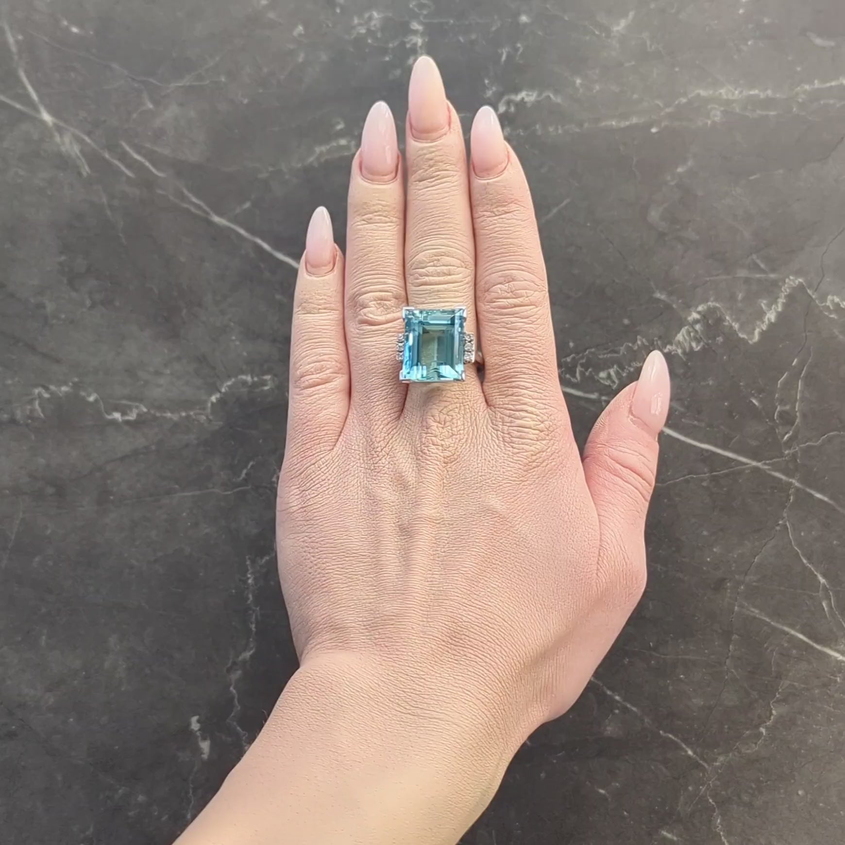 Mid-Century 19.50 CTW Aquamarine Diamond 18K White Gold Vintage Cocktail Ring