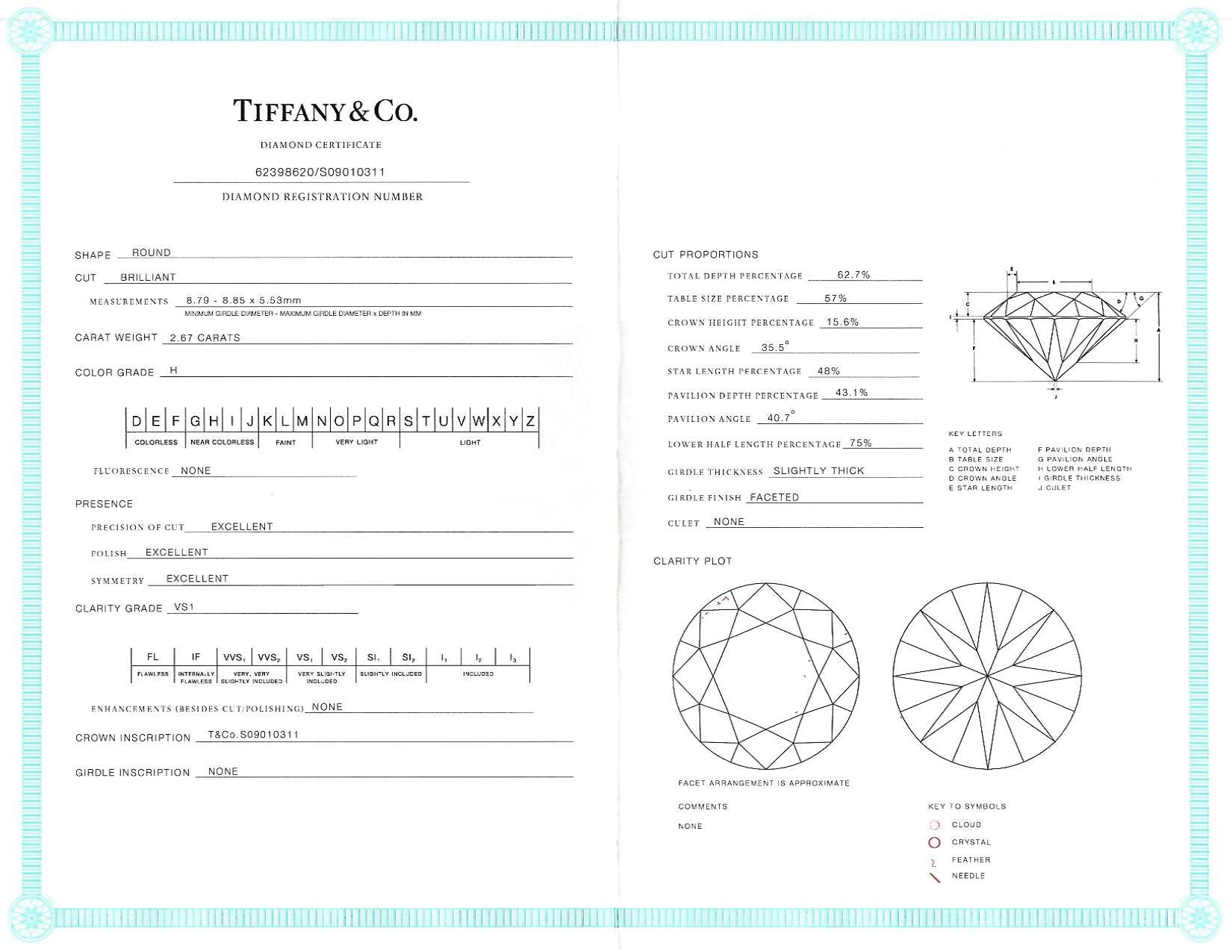 Tiffany & Co.  2.67 CTW Round Brilliant Diamond Platinum Solitaire Vintage Engagement Ring Wilson's Estate Jewelry