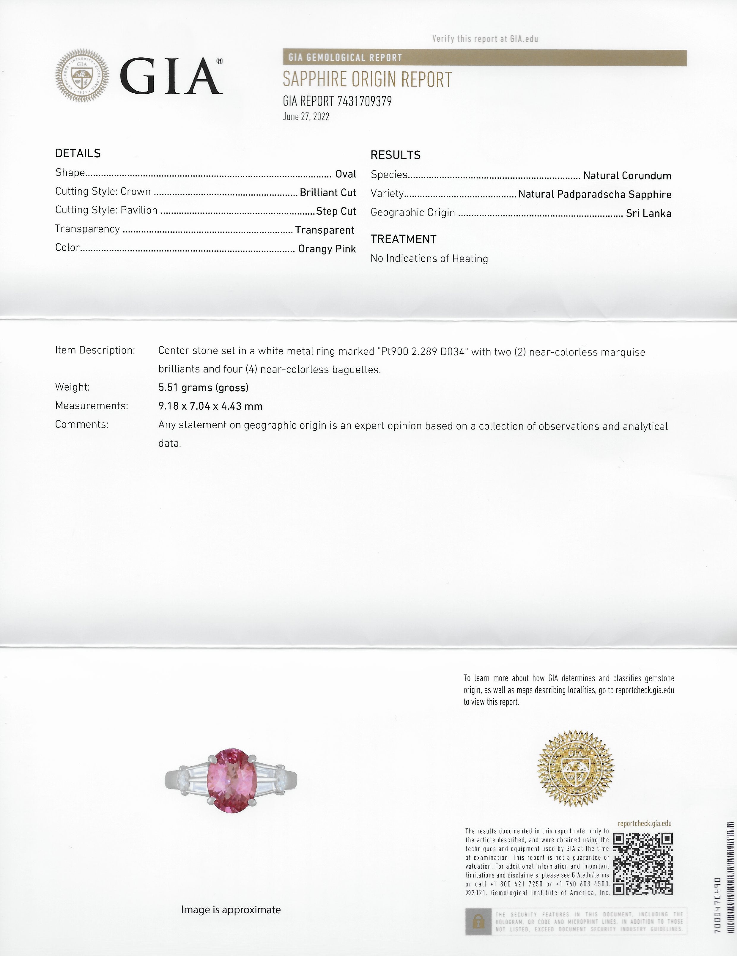 2.63 CTW No Heat Padparadscha Sapphire Diamond Platinum Gemstone Ring GIA Wilson's Estate Jewelry