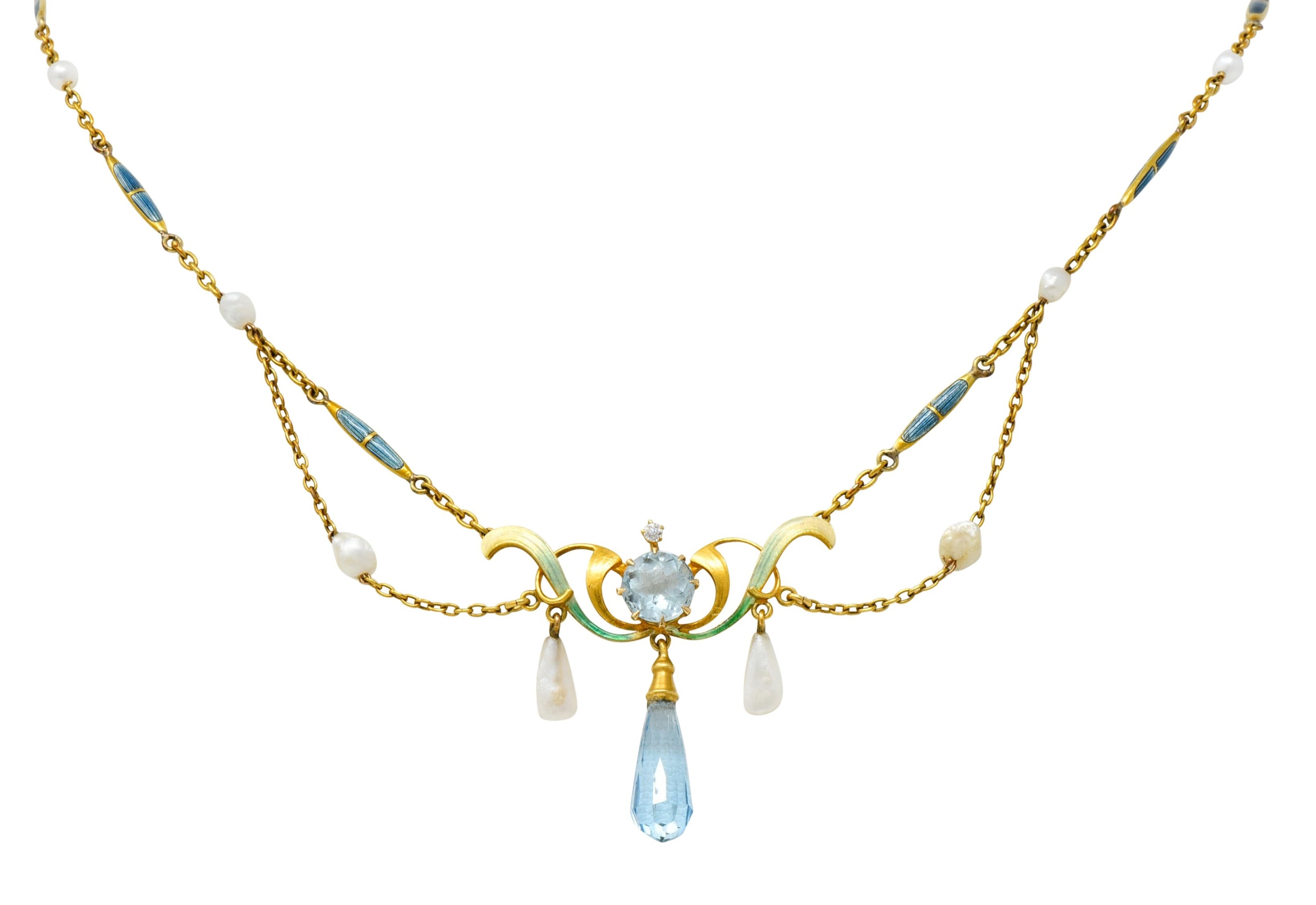 Art Nouveau Aquamarine Enamel Natural Pearl 14 Karat Gold Swag Necklace - Wilson's Estate Jewelry