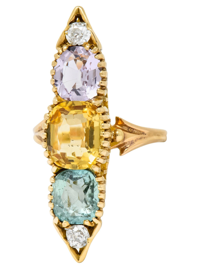 Victorian 7.30 CTW Topaz Tourmaline Diamond 14 Karat Gold Five Stone Dinner Ring - Wilson's Estate Jewelry