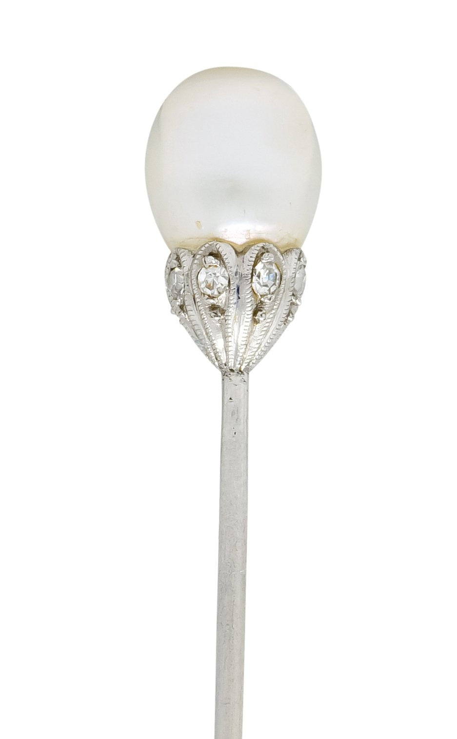 Edwardian Natural Freshwater Pearl Diamond Platinum Stickpin GIA - Wilson's Estate Jewelry