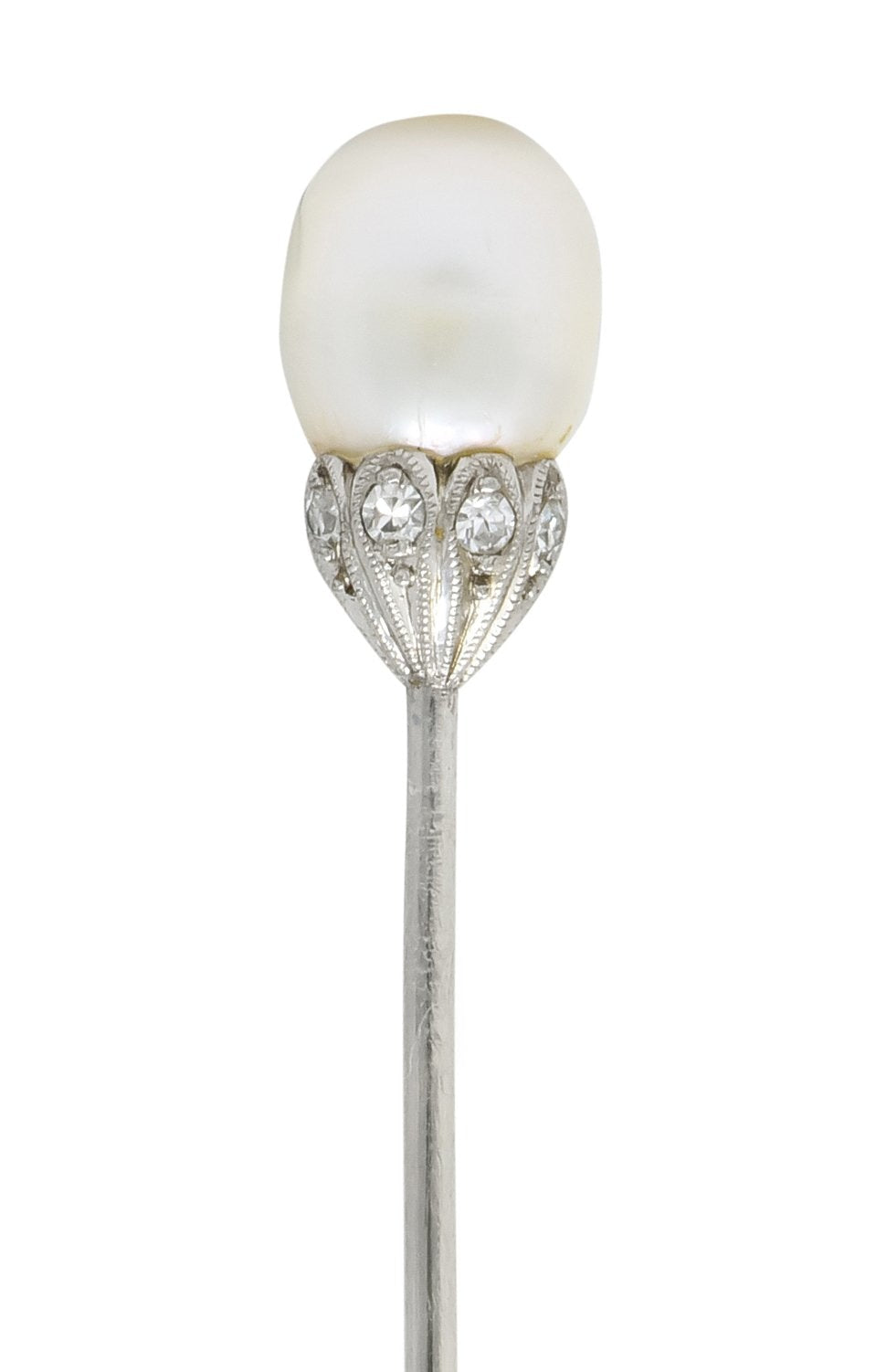 Edwardian Natural Freshwater Pearl Diamond Platinum Stickpin GIA - Wilson's Estate Jewelry