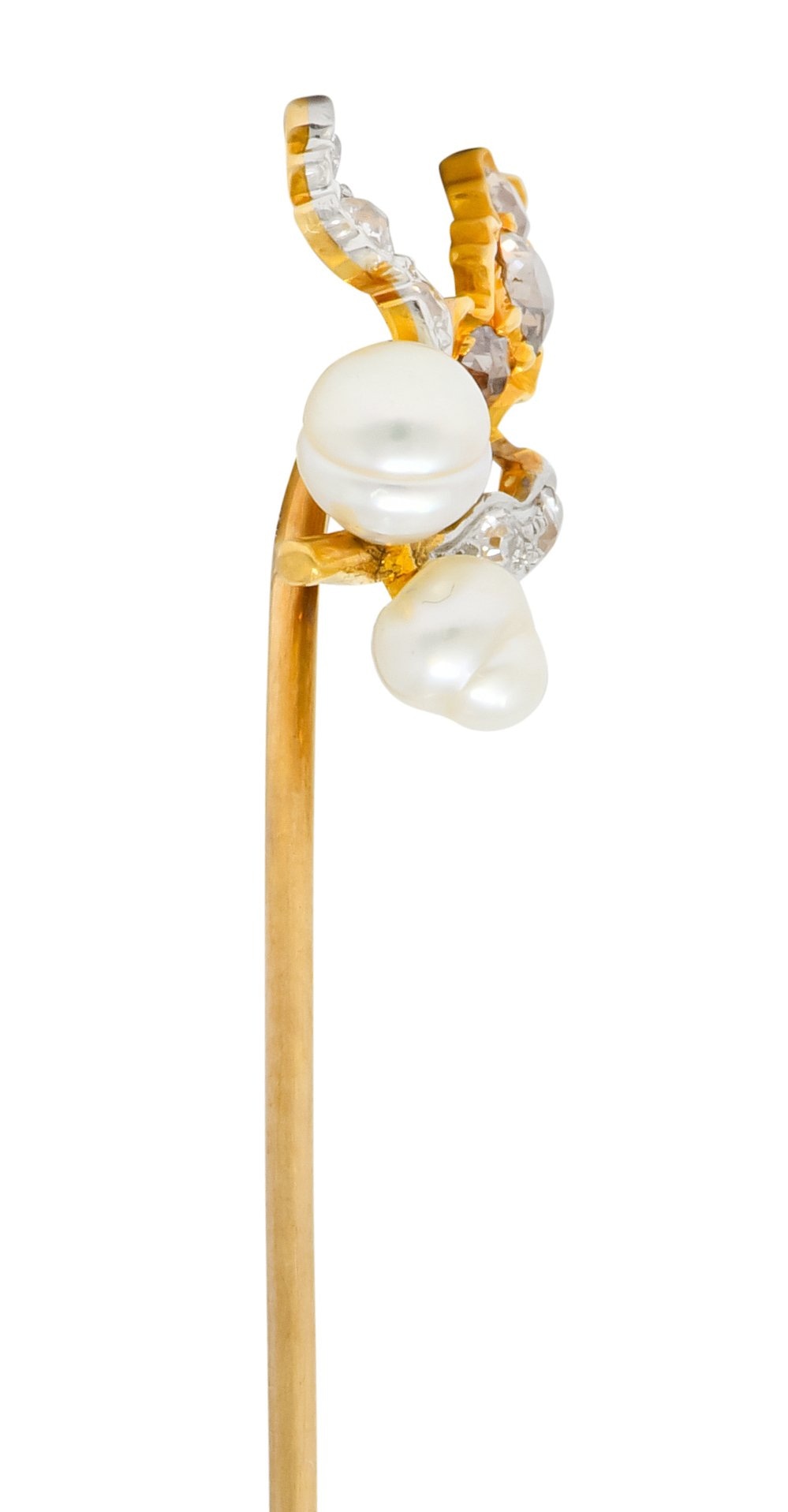 Edwardian Diamond Pearl Platinum-Topped 18 Karat Gold Foliate Stickpin - Wilson's Estate Jewelry