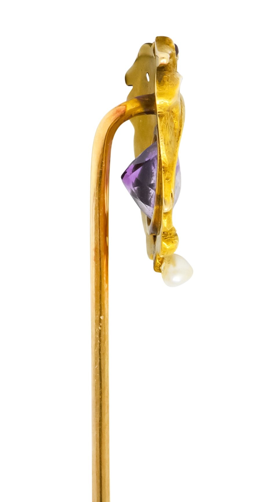 Art Nouveau 0.65 CTW Amethyst Natural Freshwater Pearl 14 Karat Gold Pterodactyl Stickpin - Wilson's Estate Jewelry