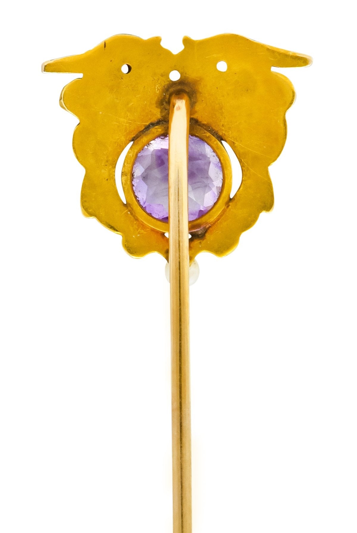 Art Nouveau 0.65 CTW Amethyst Natural Freshwater Pearl 14 Karat Gold Pterodactyl Stickpin - Wilson's Estate Jewelry