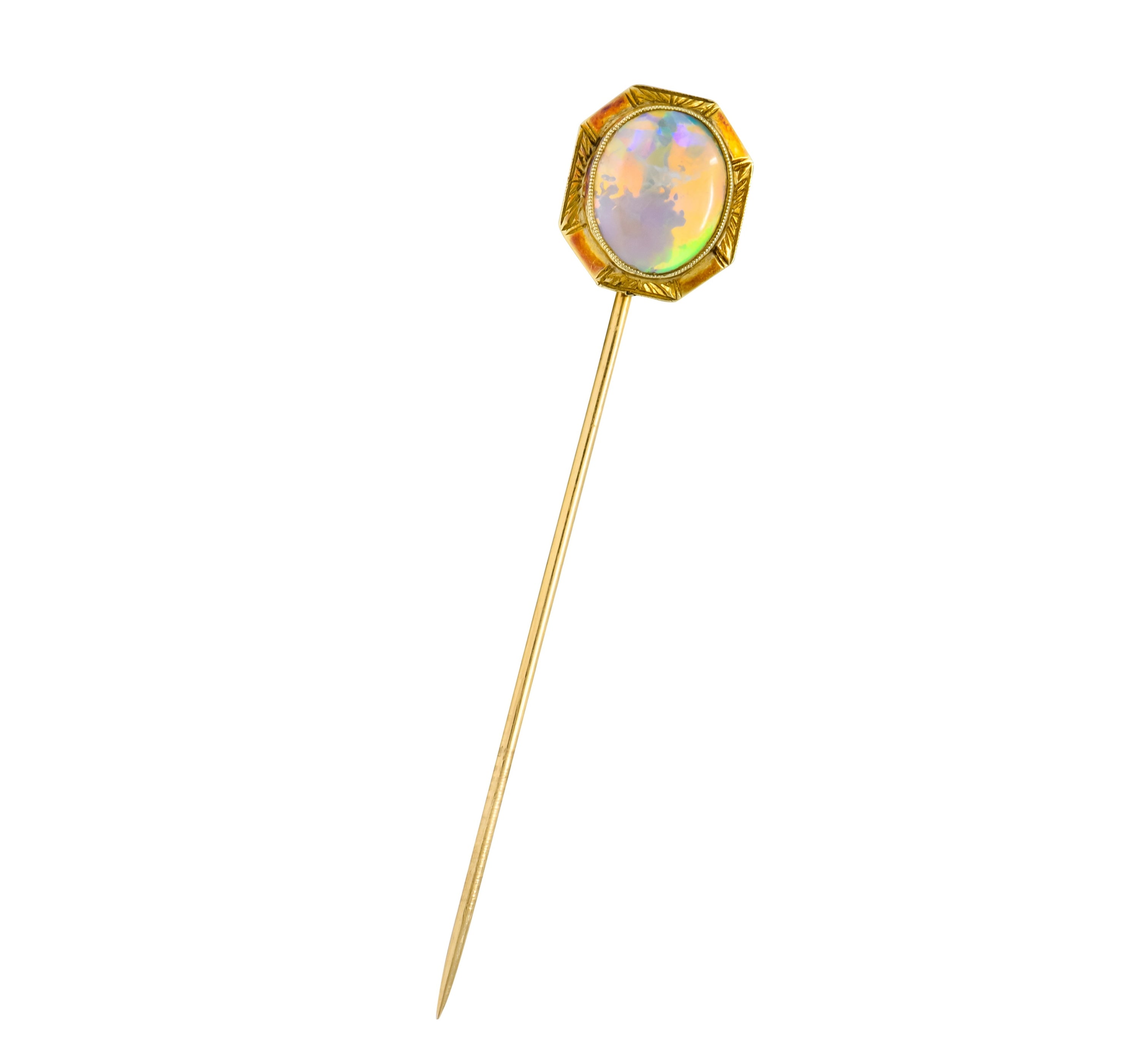 Art Nouveau Jelly Opal Cabochon 14 Karat Gold Hexagonal Stickpin - Wilson's Estate Jewelry