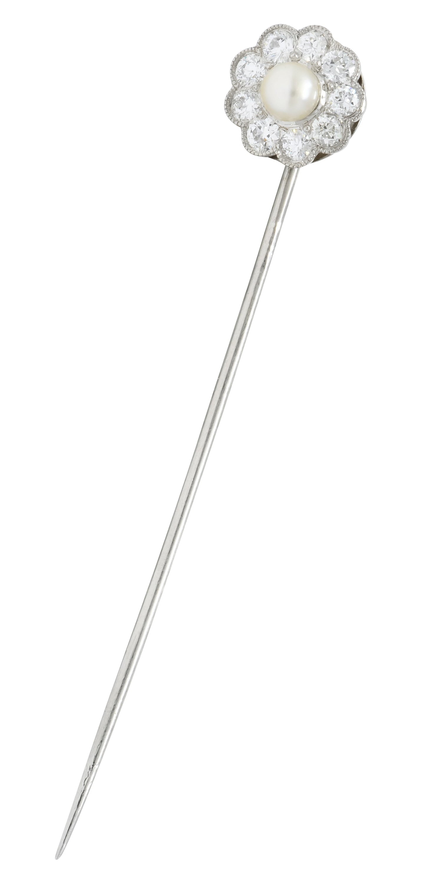 Art Deco 1.00 CTW Diamond Pearl Platinum Floral Cluster Stickpin - Wilson's Estate Jewelry