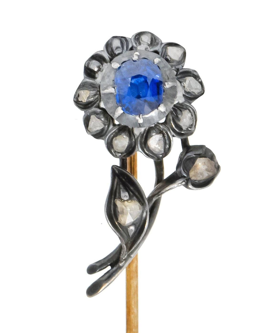 Victorian Sapphire Diamond Silver-Topped 14 Karat Gold Flower Stickpin - Wilson's Estate Jewelry