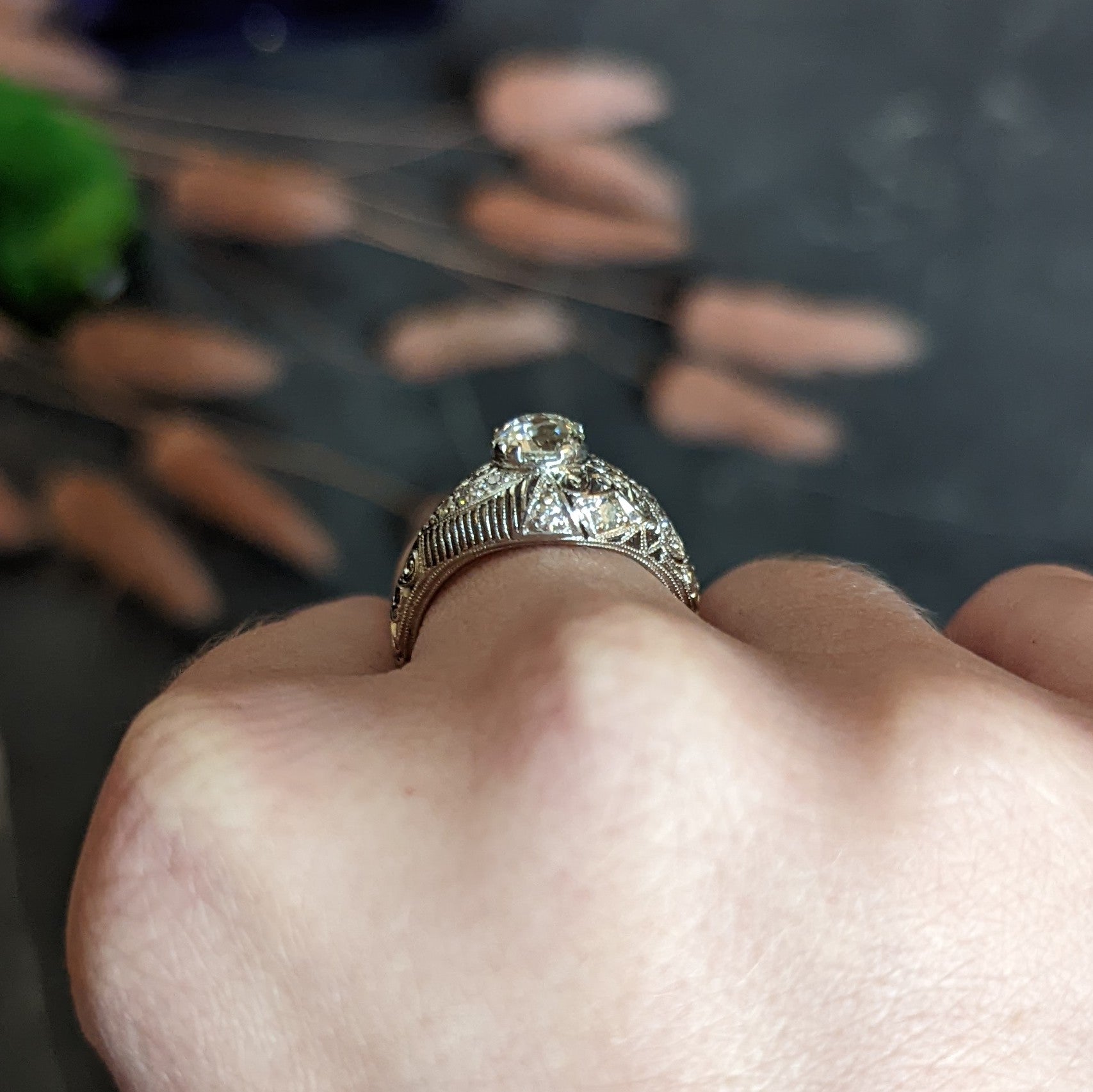 Edwardian 1.25 CTW Old Mine Diamond Platinum Scrolled Filigree Engagement Ring GIA Wilson's Estate Jewelry