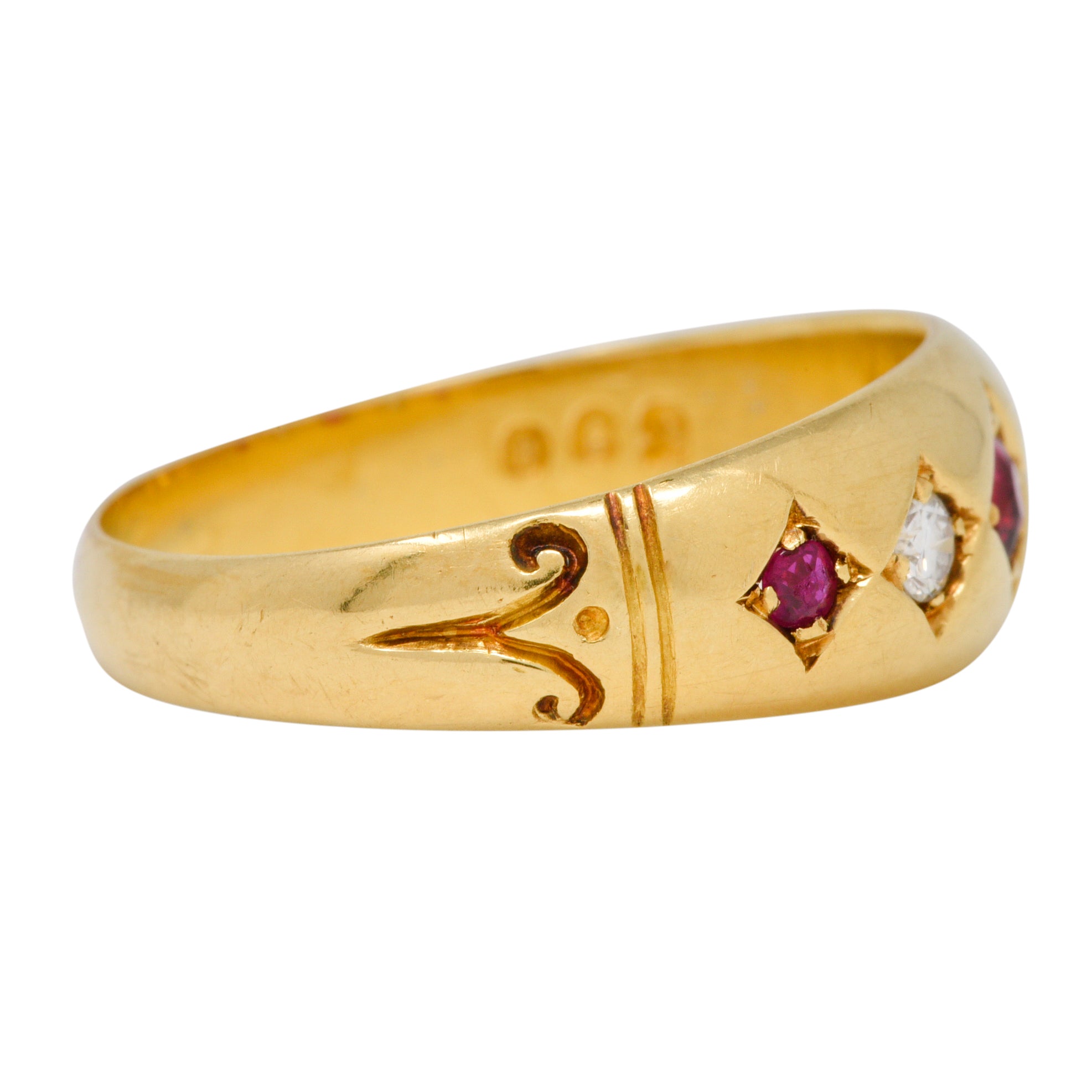 Victorian 1898 Ruby Diamond 18 Karat Yellow Gold Five Stone Antique Band Ring