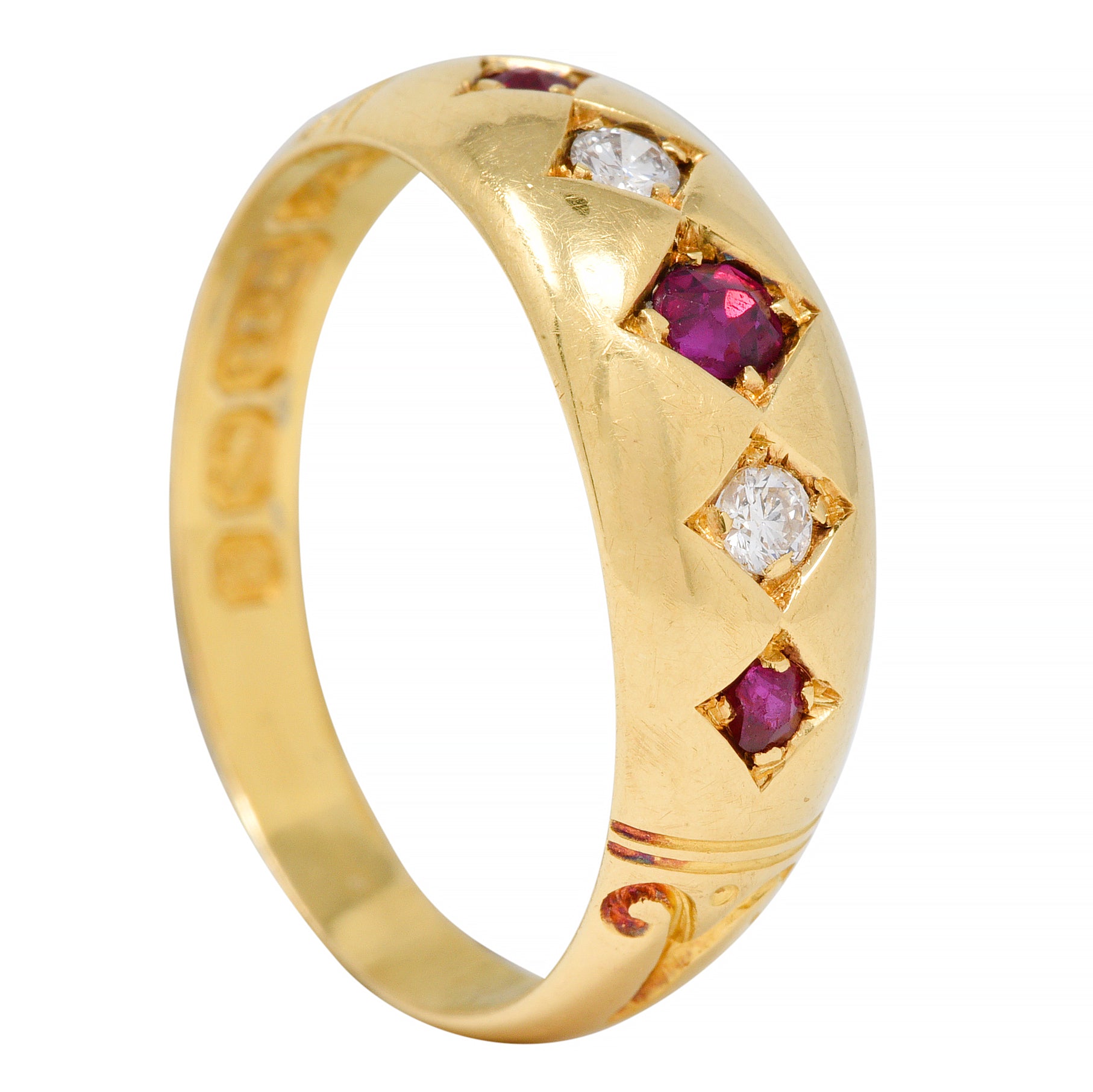 Victorian 1898 Ruby Diamond 18 Karat Yellow Gold Five Stone Antique Band Ring