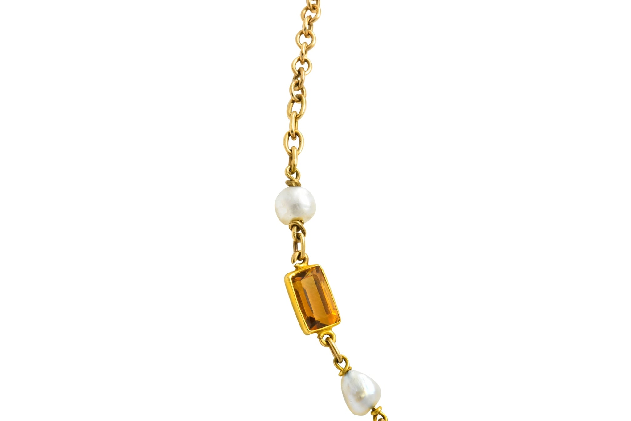 1905 Art Nouveau Citrine Pearl 14 Karat Gold Link Necklace - Wilson's Estate Jewelry