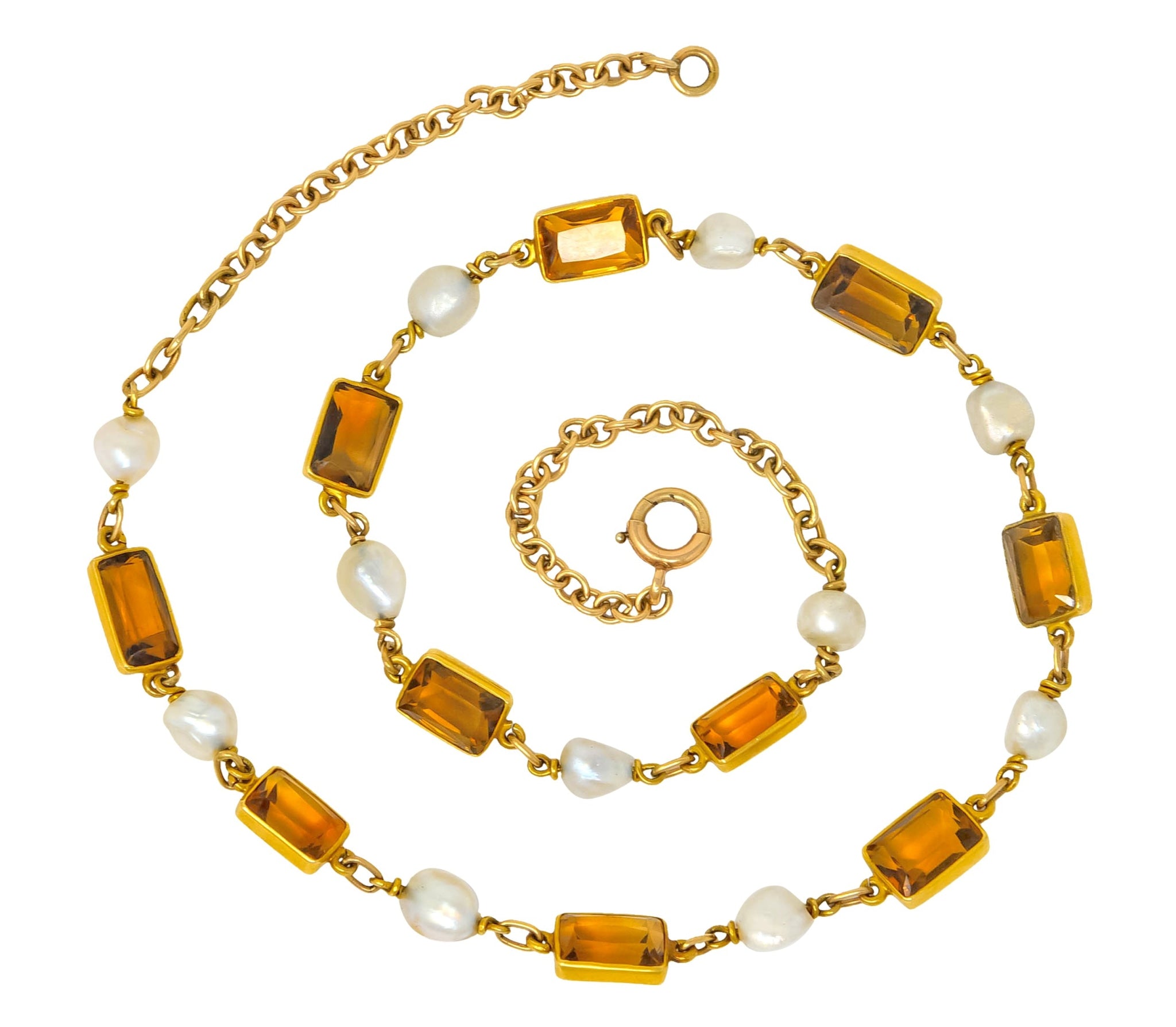 1905 Art Nouveau Citrine Pearl 14 Karat Gold Link Necklace - Wilson's Estate Jewelry